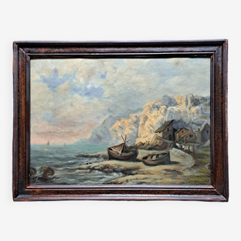Tableau impressionniste signé - Huile sur toile du 19ème siècle Marine romantique