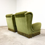 Set of two vintage original green velvet armchairs
