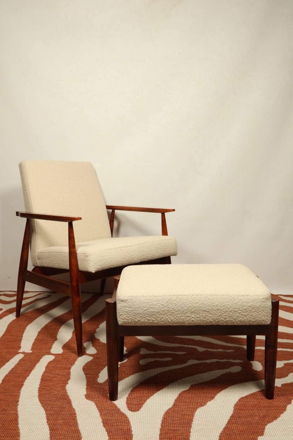 Scandinavian armchair and foot rest beige boucle design by H.lis
