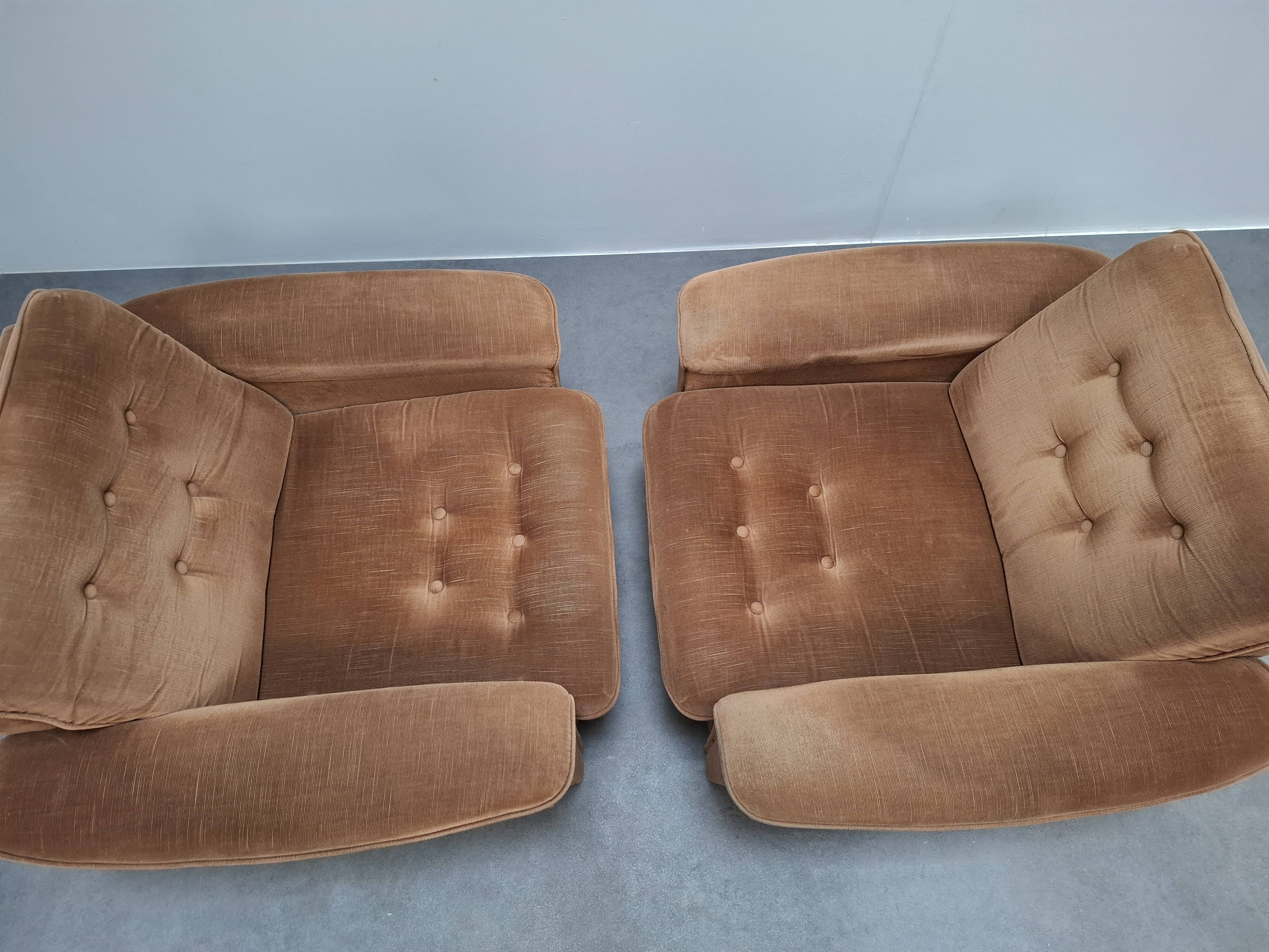 Pair of Mid-Century Modern Czech Lounge Armchairs with Rolling Casters