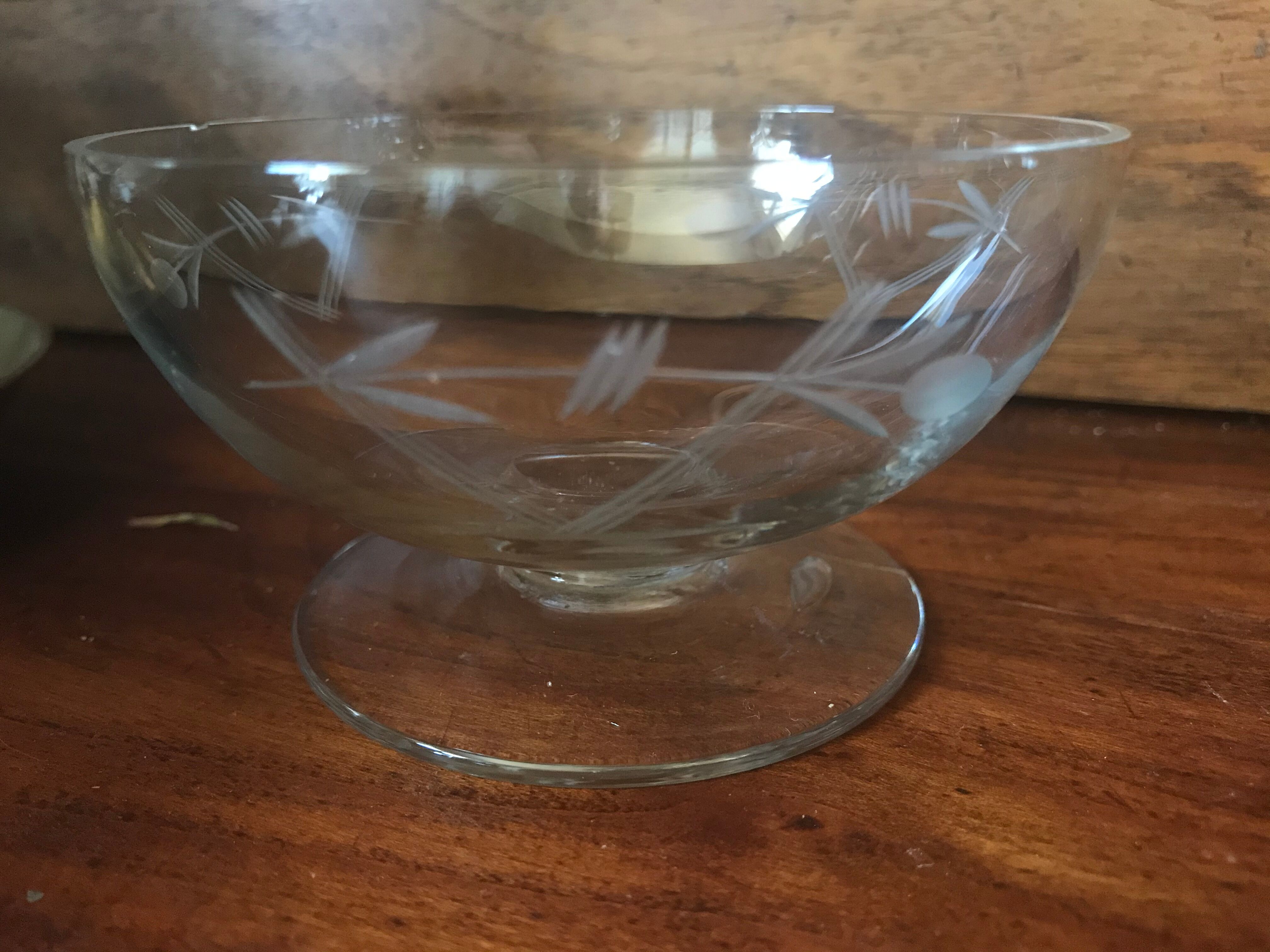 Set of eight engraved crystal champagne glasses