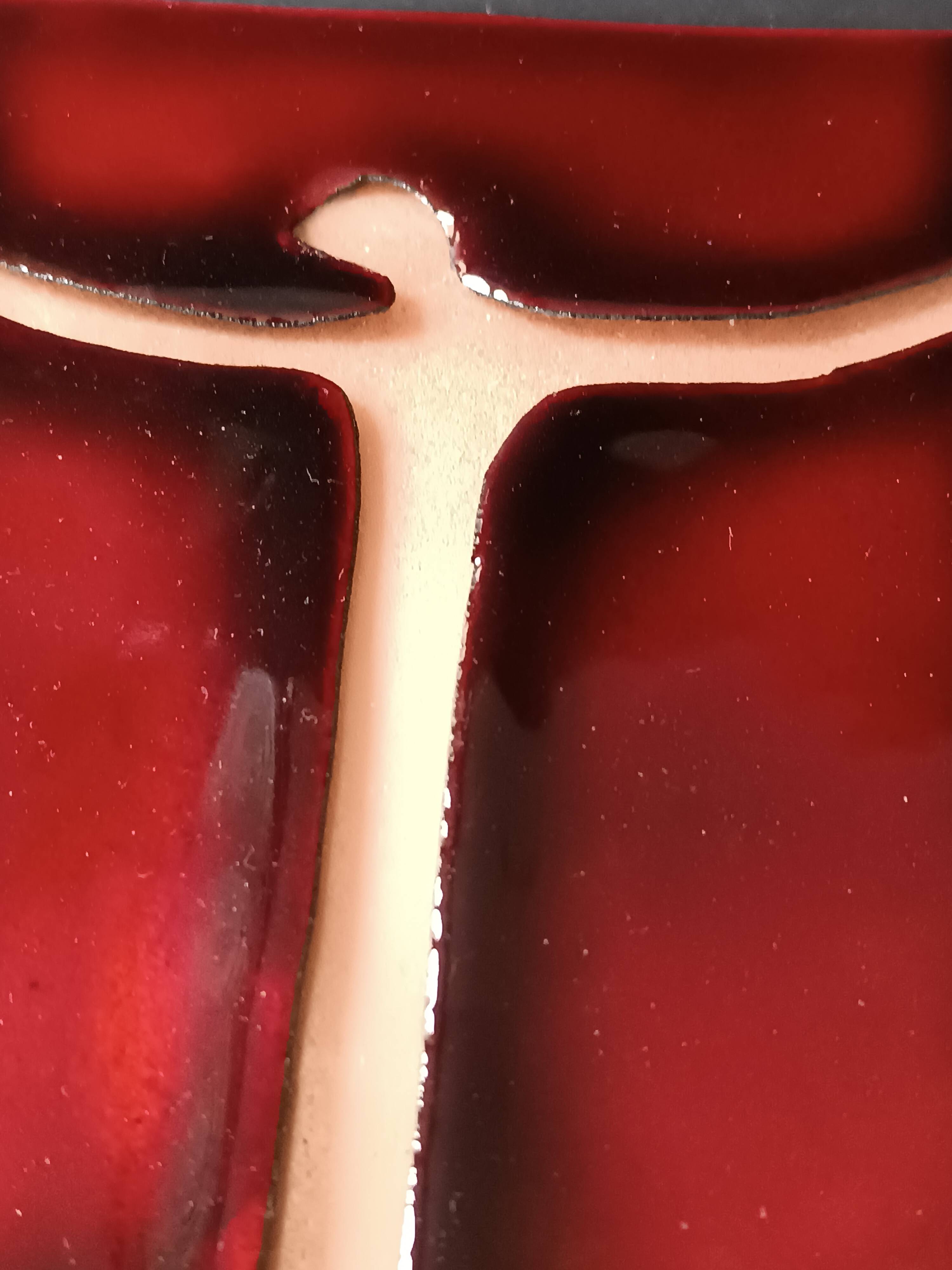 Vintage red and gold enamel wall cross on copper, Atelier Chehab