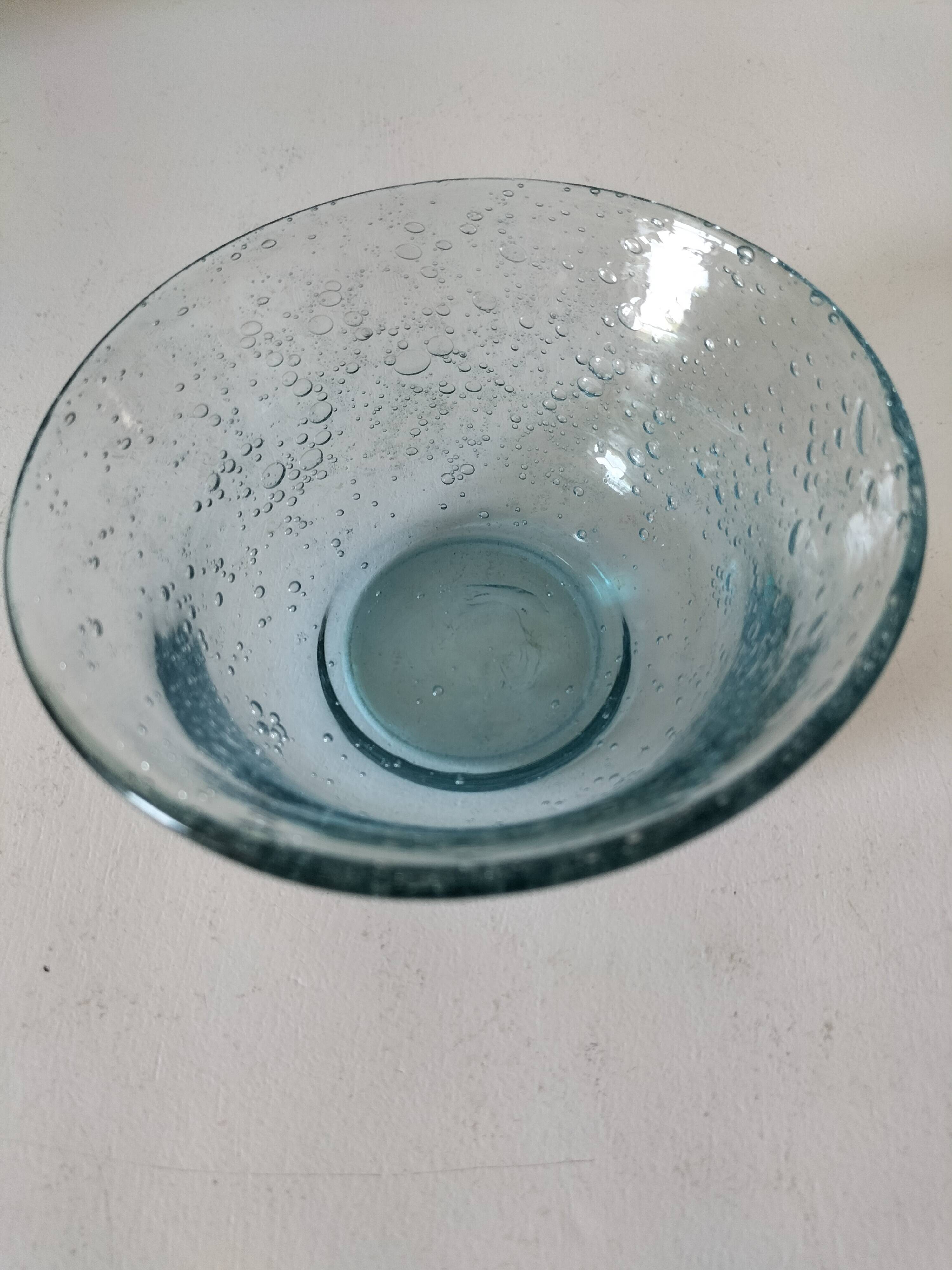 Bubble glass bowl signed Verrerie de Biot – Light blue