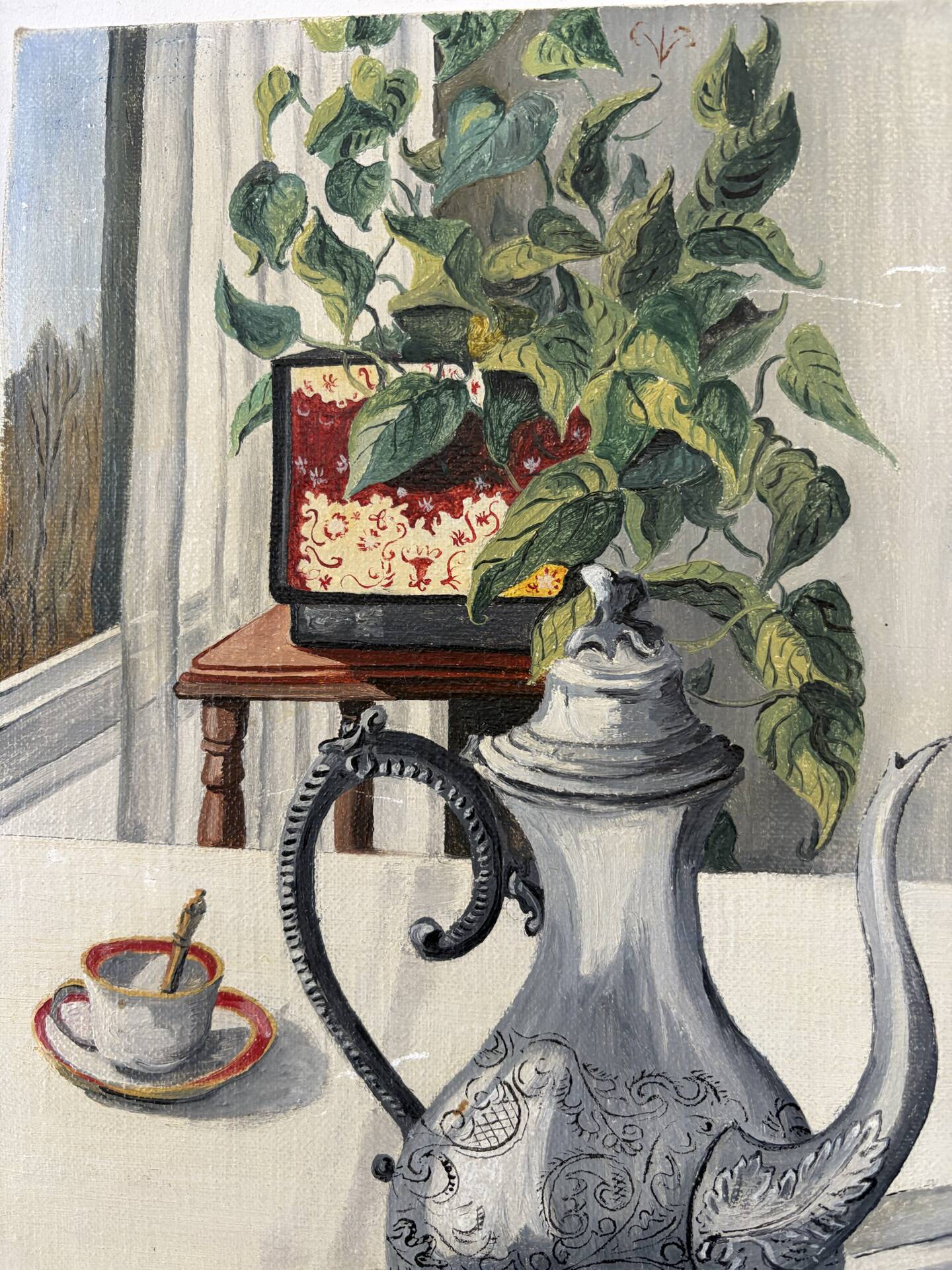 The silverware, still life, oil on canvas signed Burton 1983.