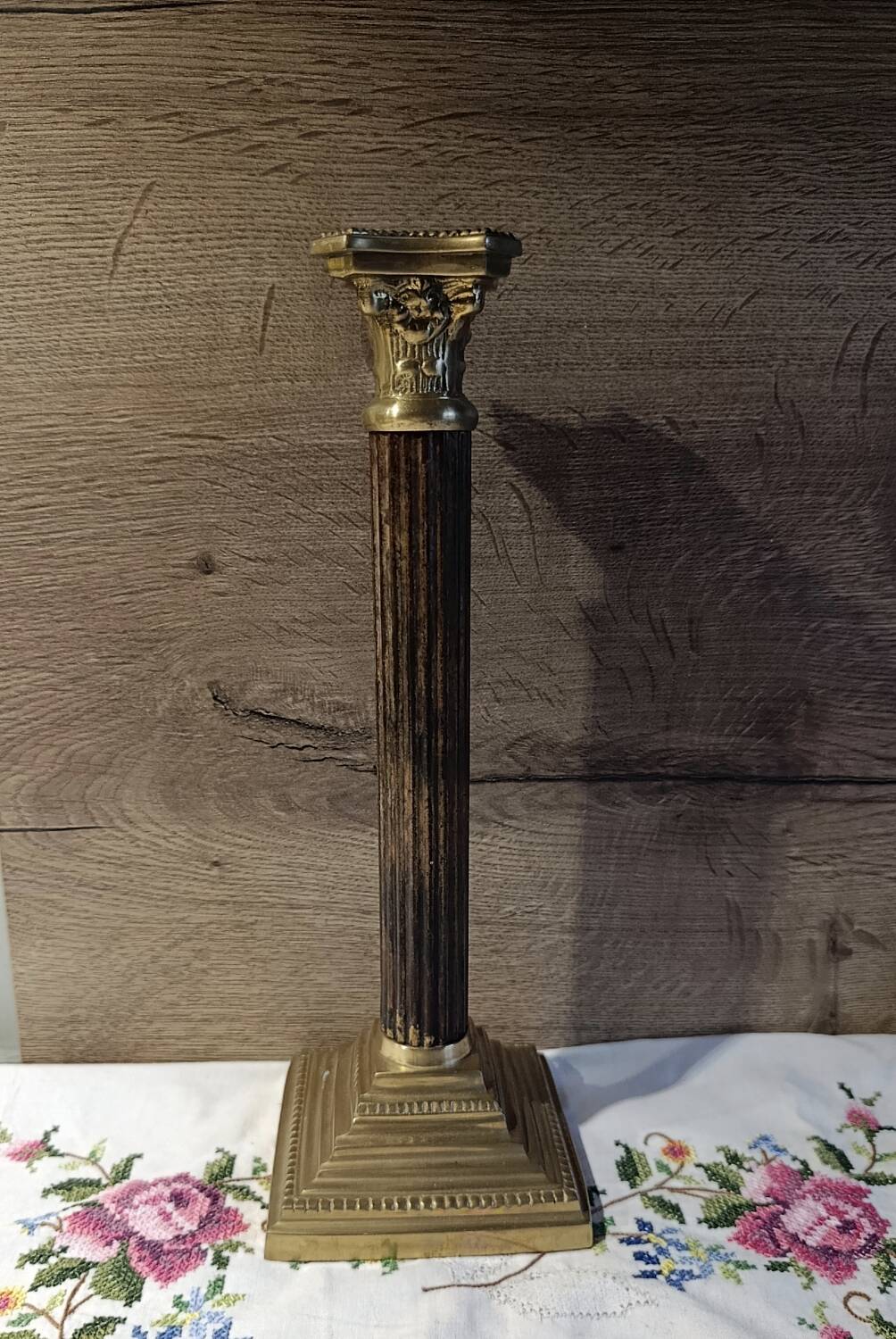 Golden brass candlestick, Corinthian style, vintage