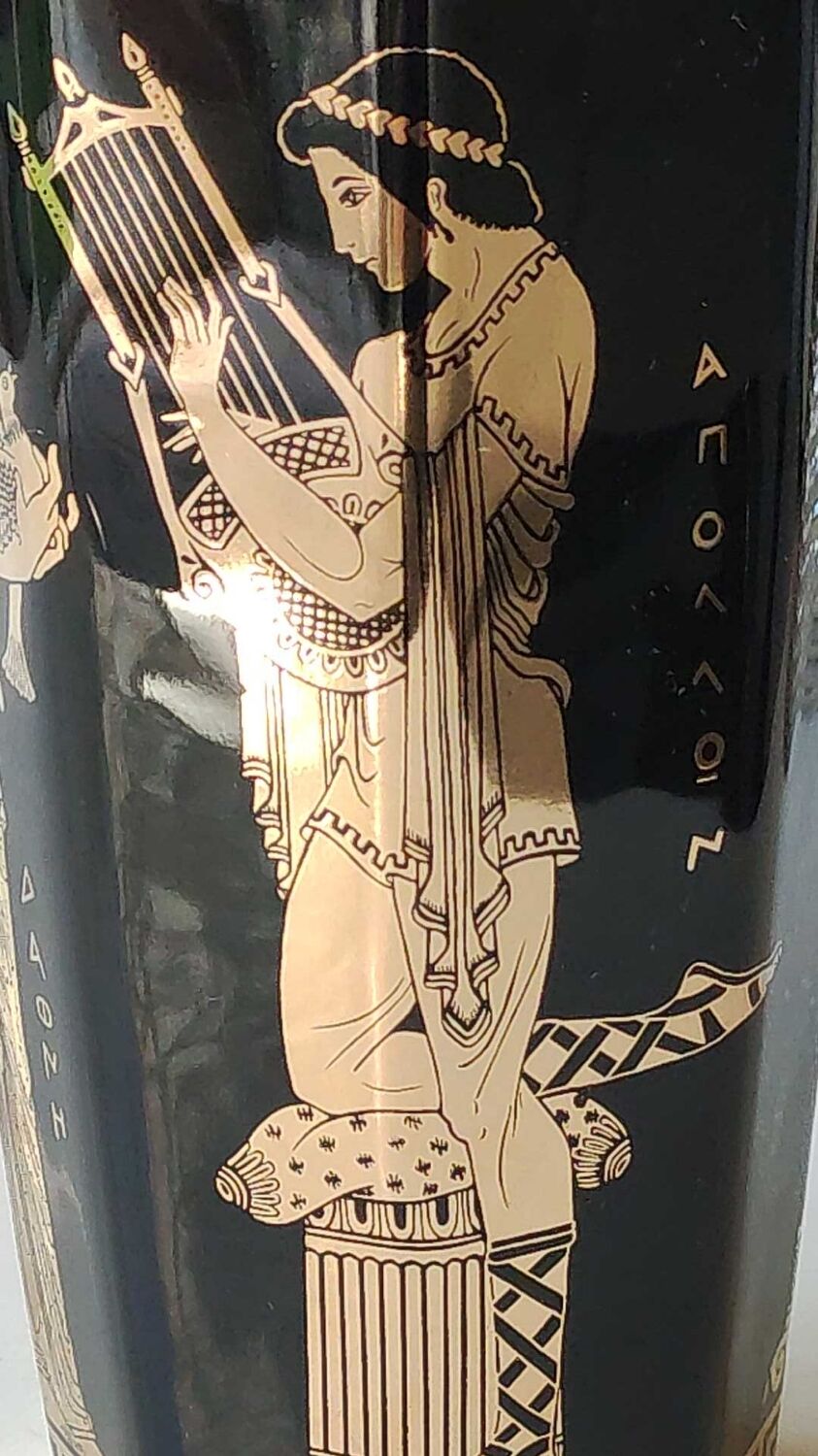 Ancient Greek octagonal vase, tubular porcelain shape. Decoration scenes of life / Gods mythology Greek. Signed ST Handmade in Greece. High 26 cm