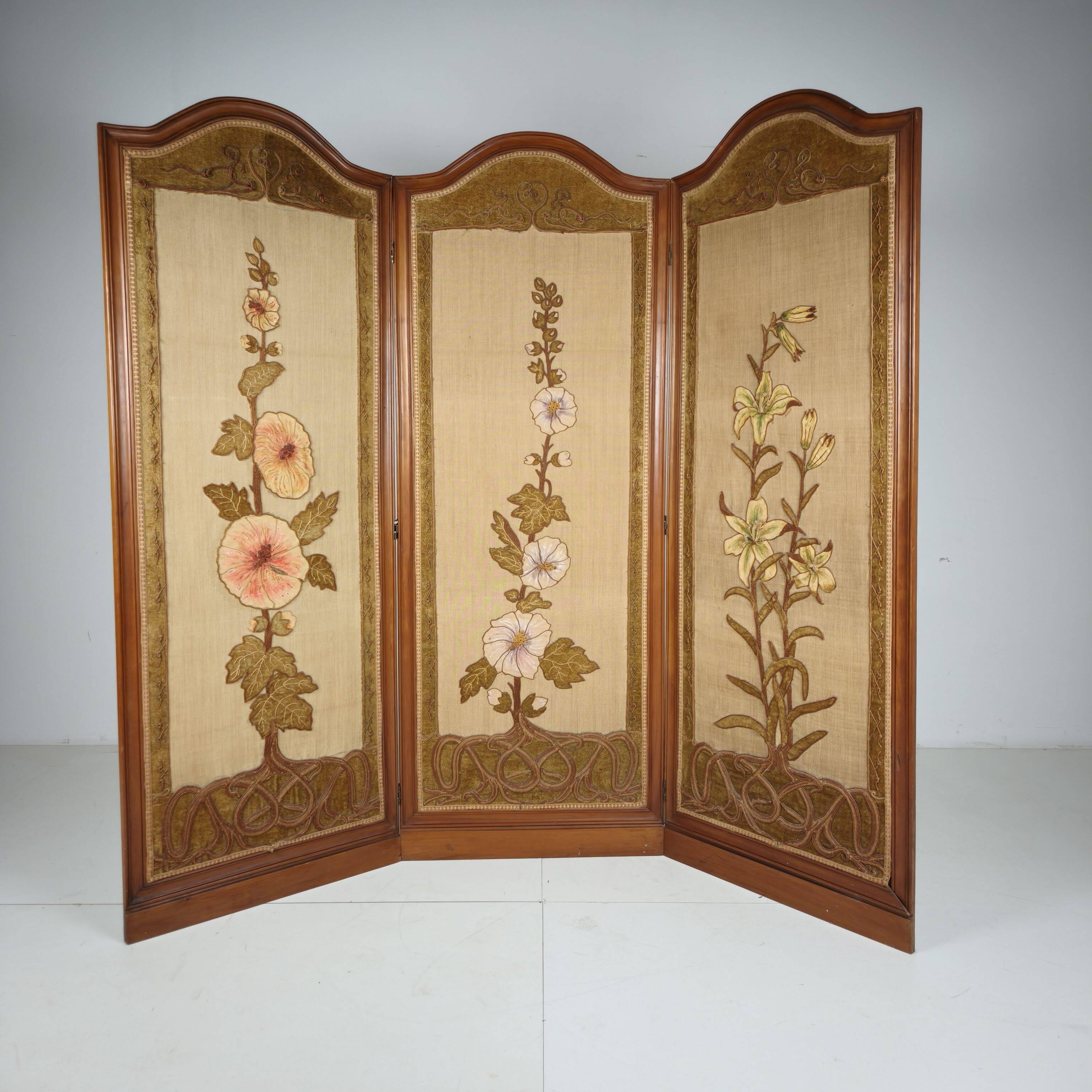 Art Nouveau Room Screen with Embroidered Floral Panels, circa 1900