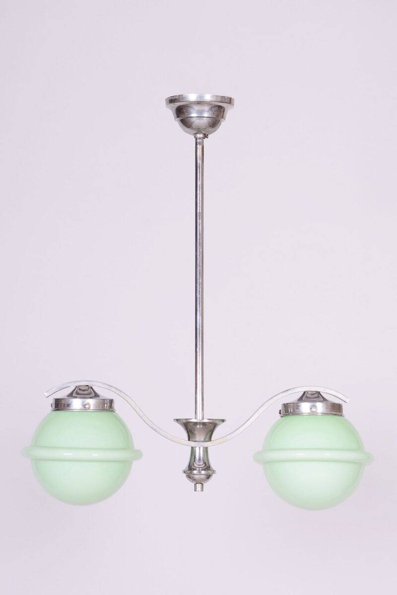 Czech Bauhaus Chandelier in Chrome-Plated Steel and Opaline Glass, 1930s