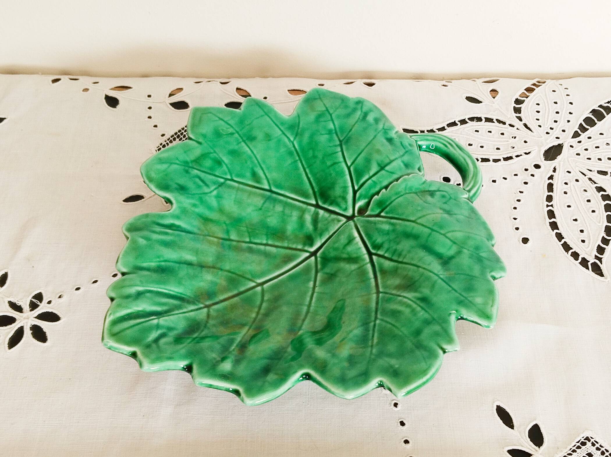 Sarreguemines barbotine, butter dish, pocket emptier, vine leaf