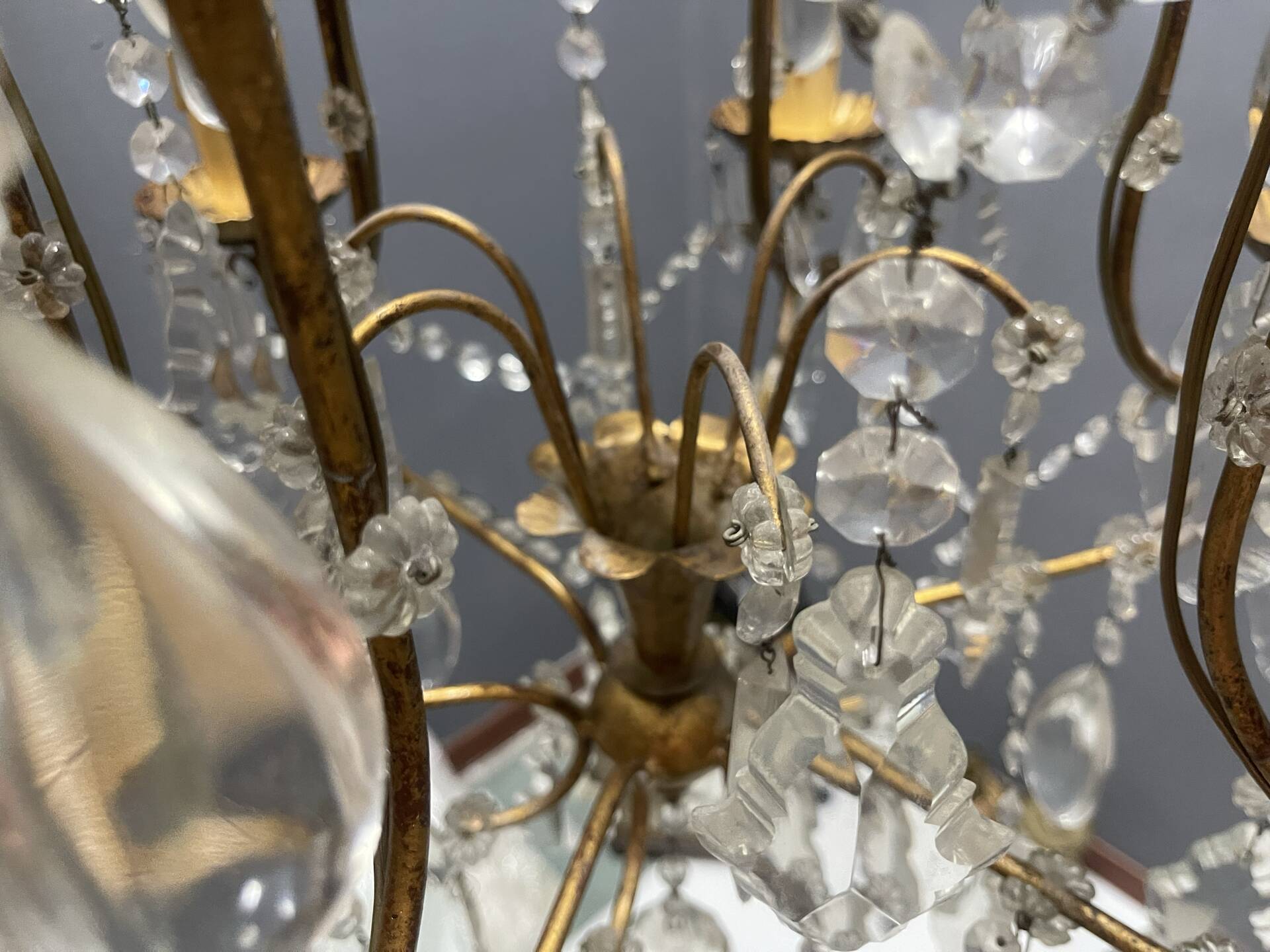 Large Gilded Florentine Tole and Crystal Chandelier, 1950s