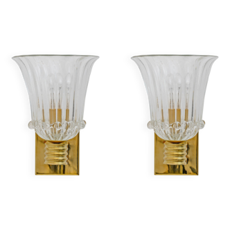 Paire d'appliques en laiton et verre de Murano Pulegoso attribuées à Barovier & Toso
