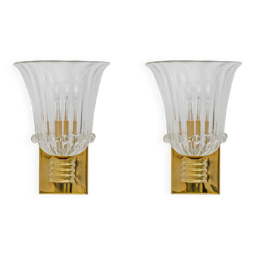 Attributed to Barovier & Toso Brass and Pulegoso Murano Glass Sconces, Pair
