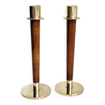 Pair of Danish Art Deco Candle Holders  in Wood & Brass