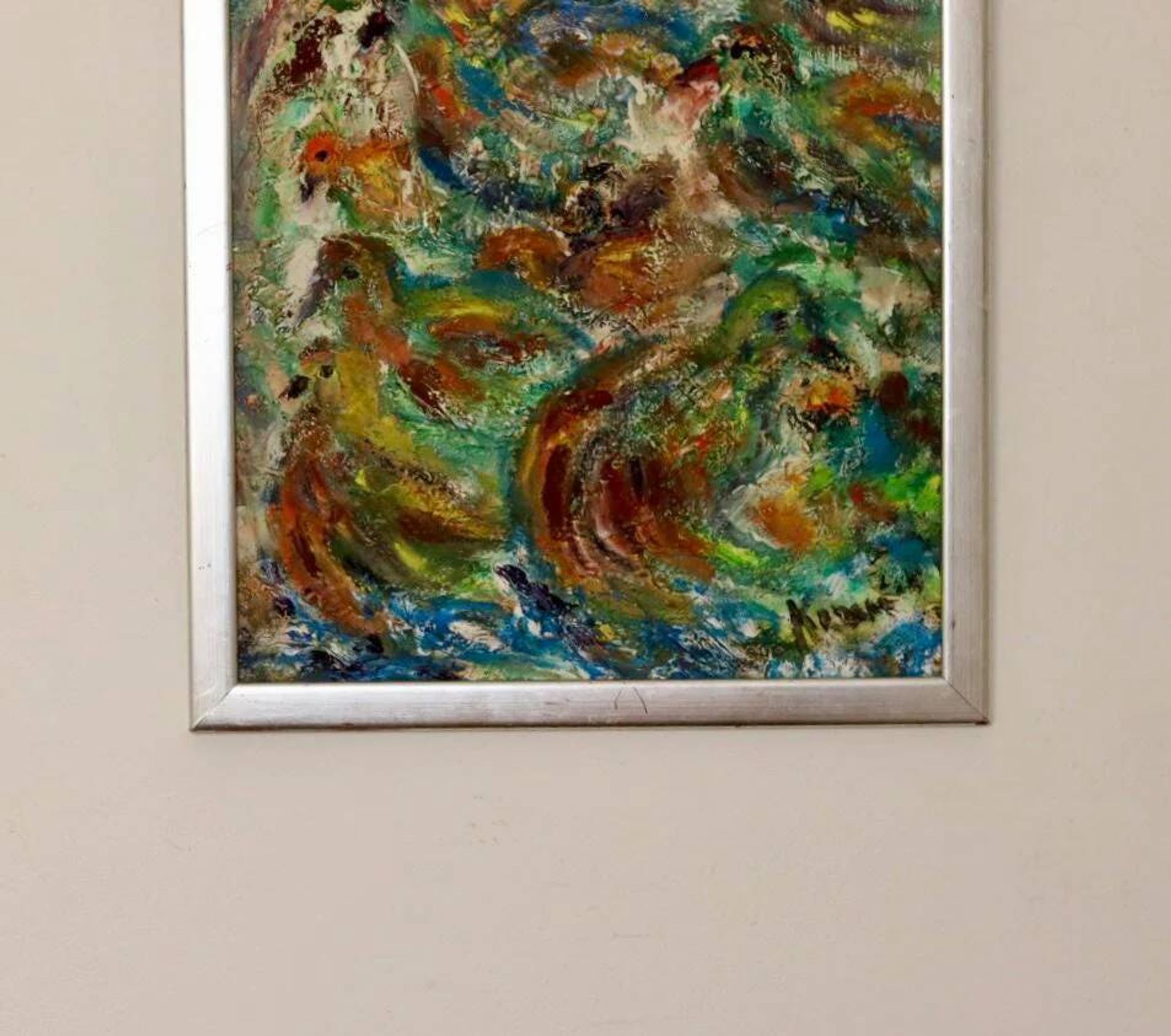 Peinture à l'huile sur panneau originale suédoise du milieu du siècle « Composition - Oiseaux »