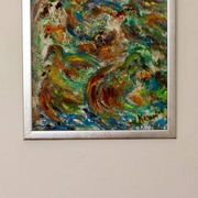 Peinture à l'huile sur panneau originale suédoise du milieu du siècle « Composition - Oiseaux »