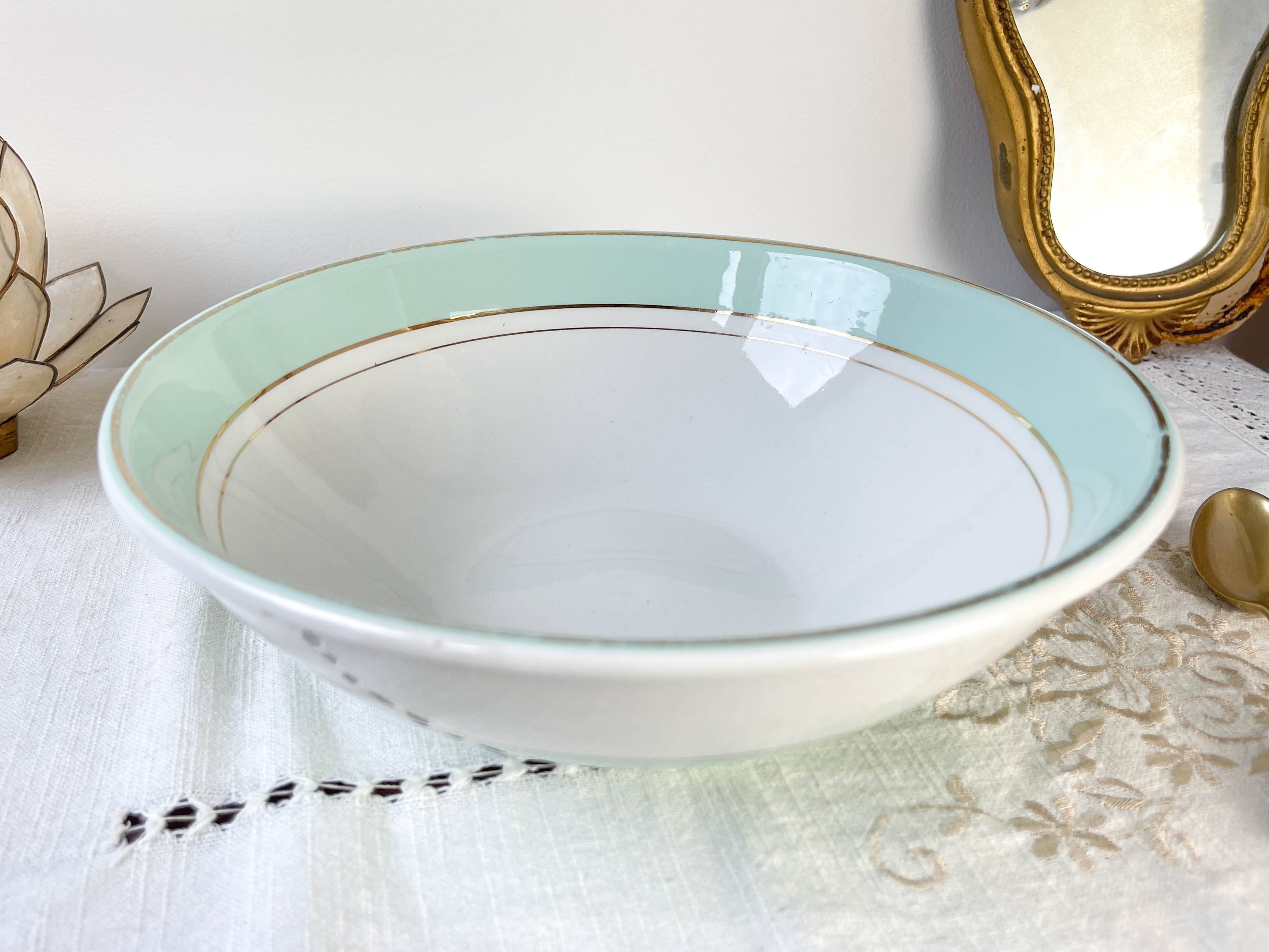 Vintage white and green porcelain salad bowl, Luneville, Epinay, France, 1950s