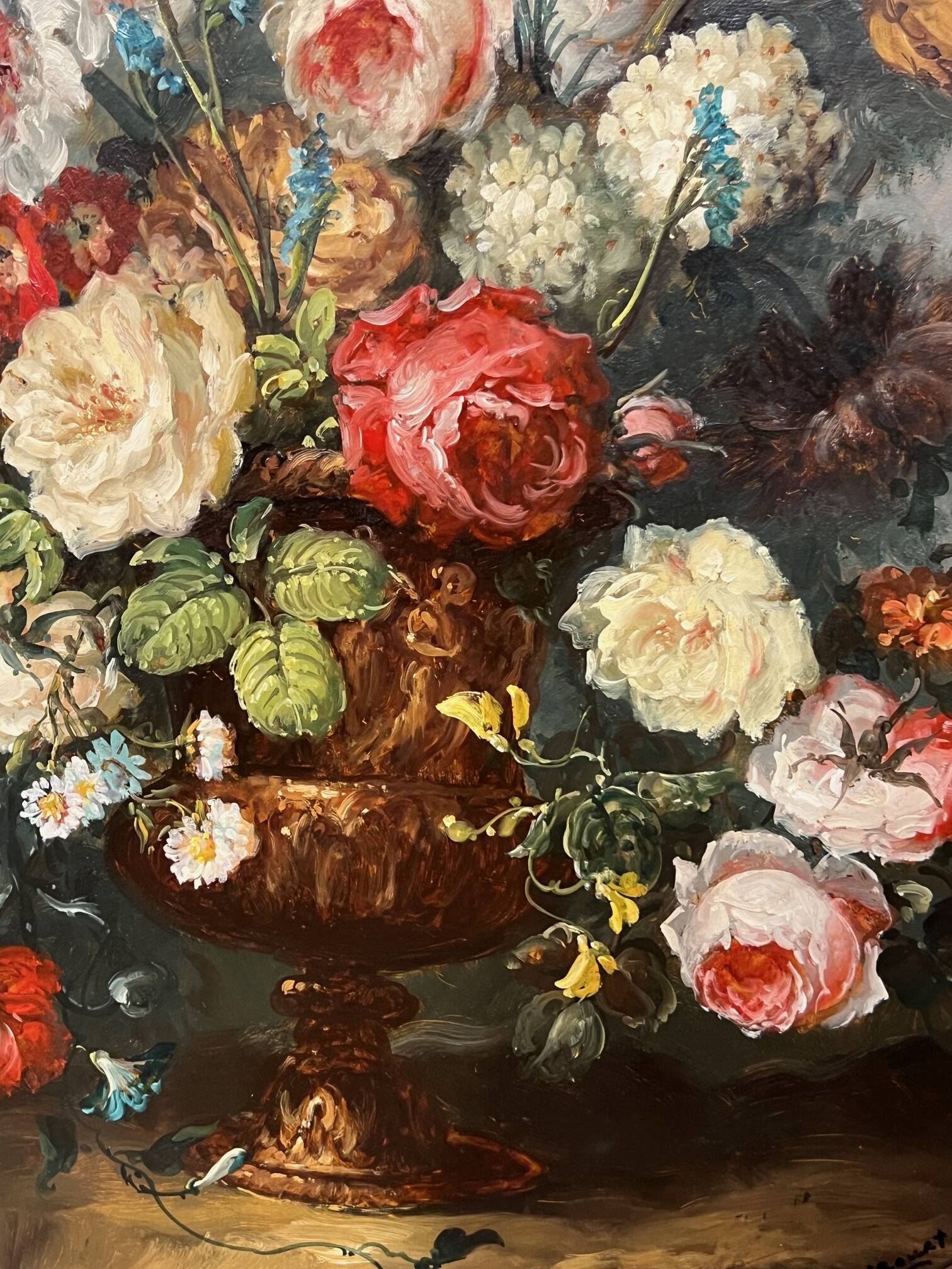 Georges Delcourt. Antique still life signed with flowers. Oil on canvas and panel.