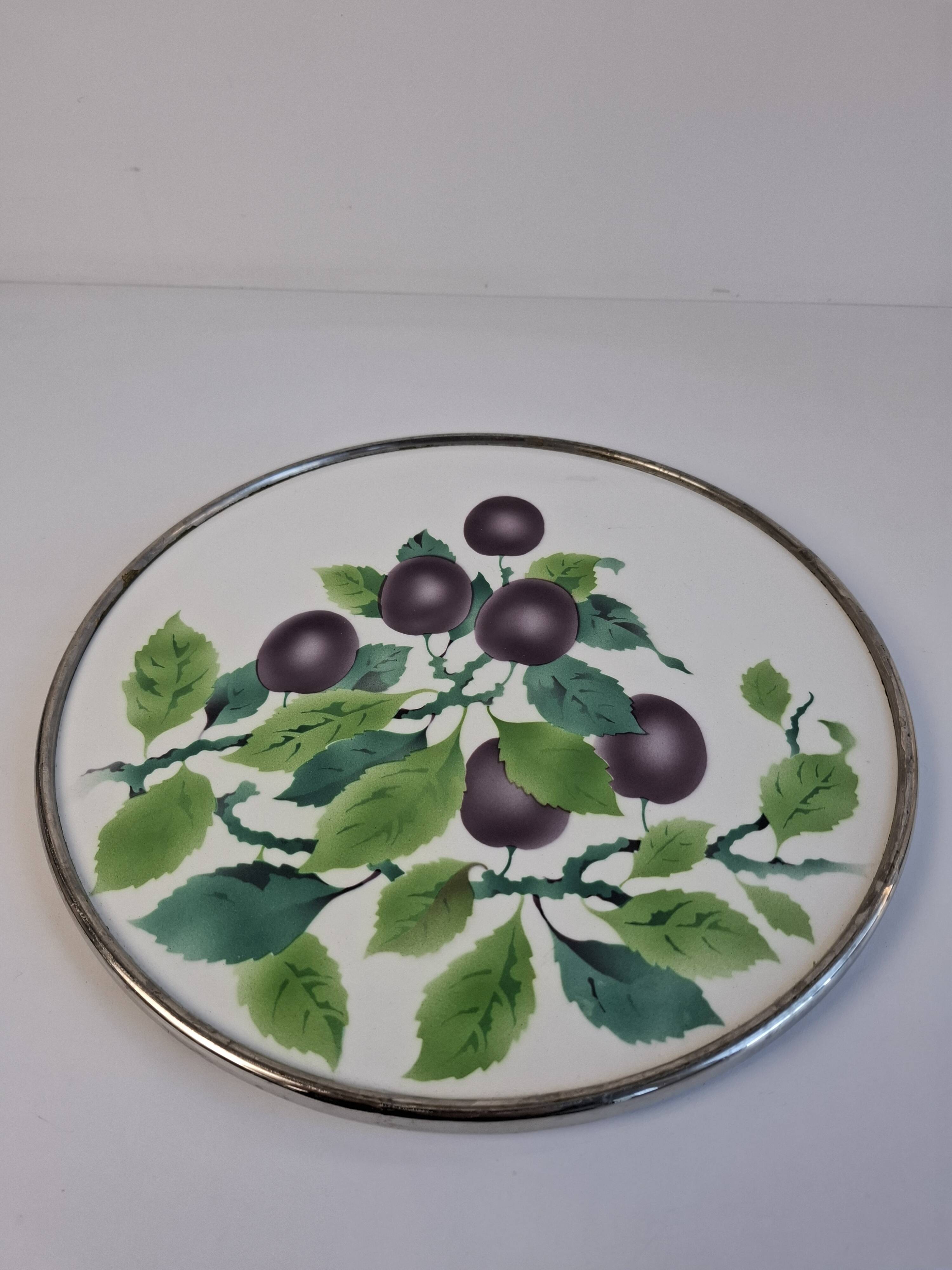 Czechoslovak Art Deco Porcelain Tray with Plum Motif and Metal Rim, 1930s