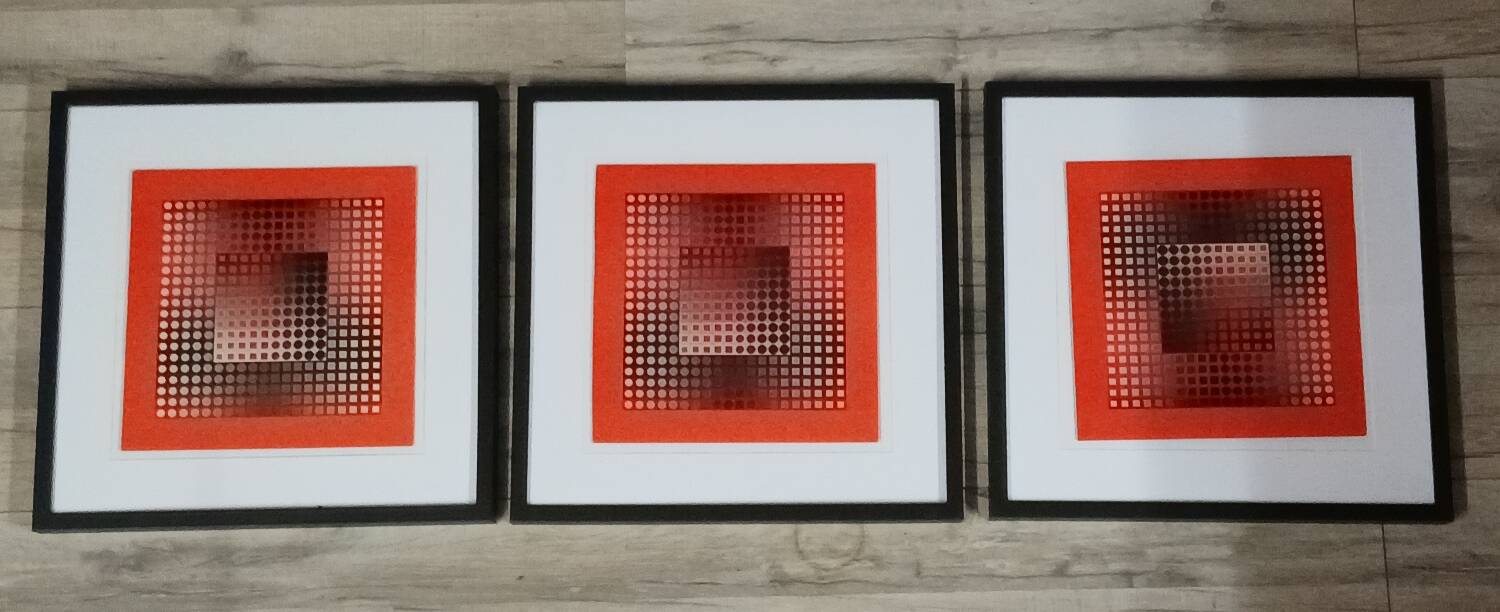 Trio Vintage Optical Art Tableaux - Victor Vasarely - Frames 40x40cm