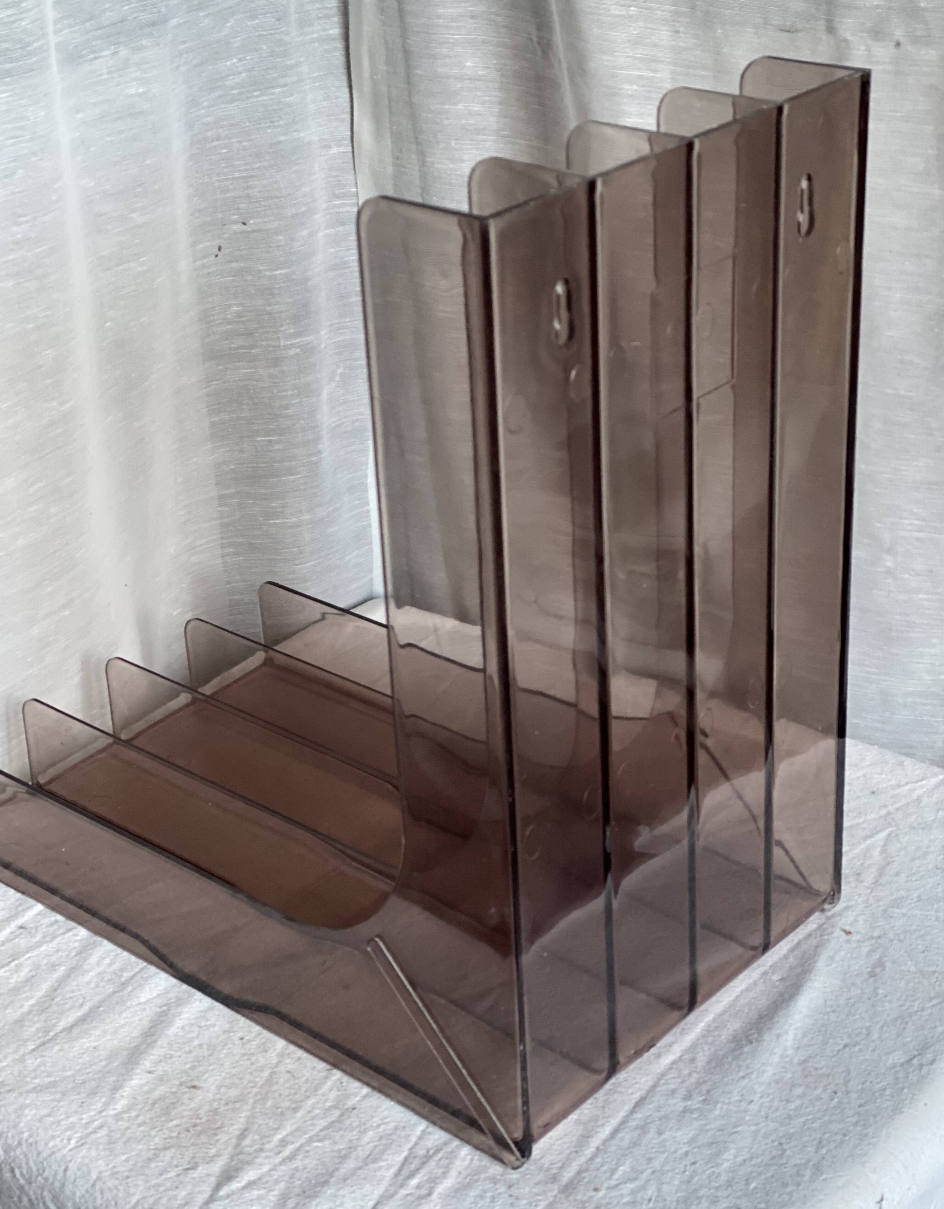 Vintage 1970s smoked Plexiglas vinyl record shelf unit