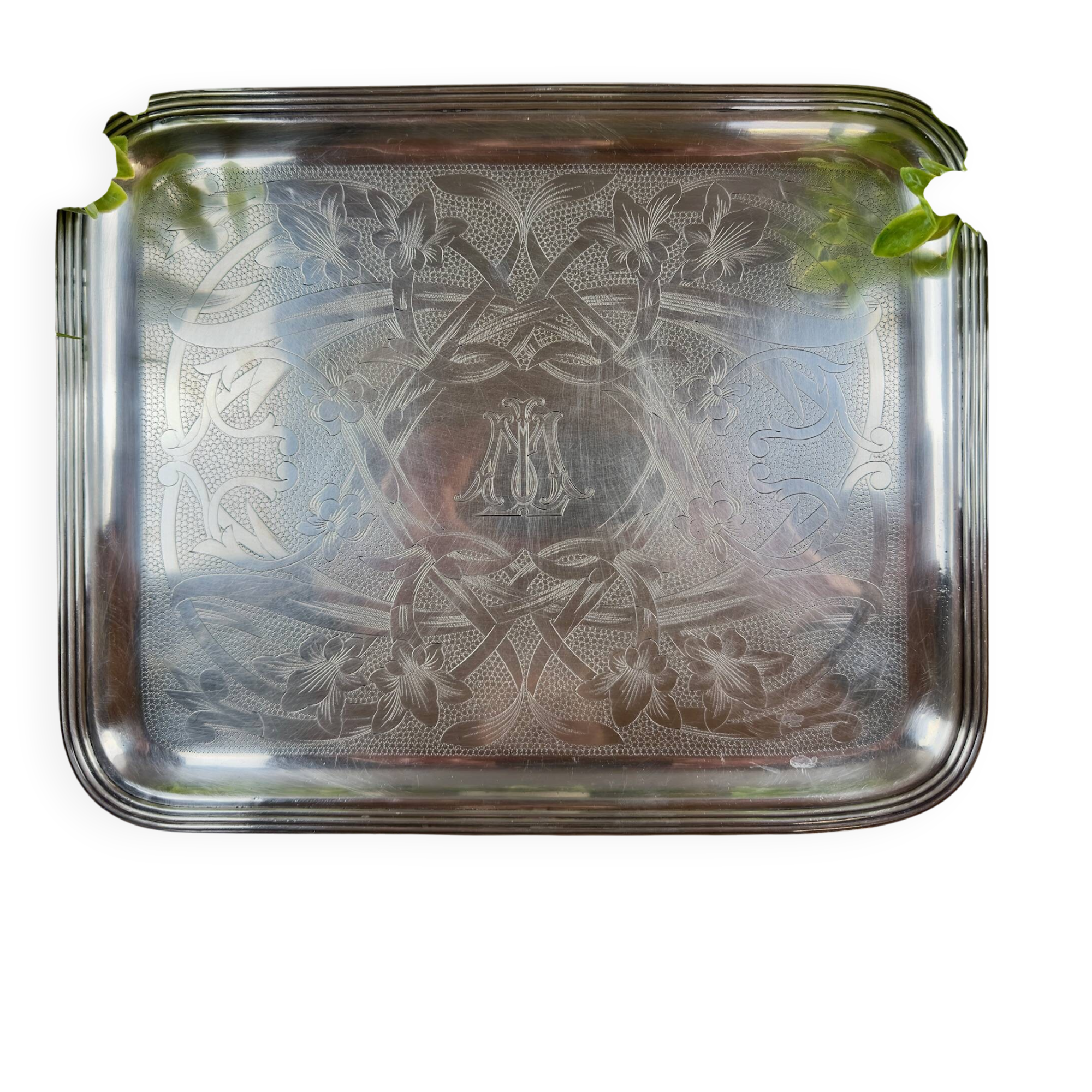 Silver-plated metal tray by Christofle – Floral decoration and monogram