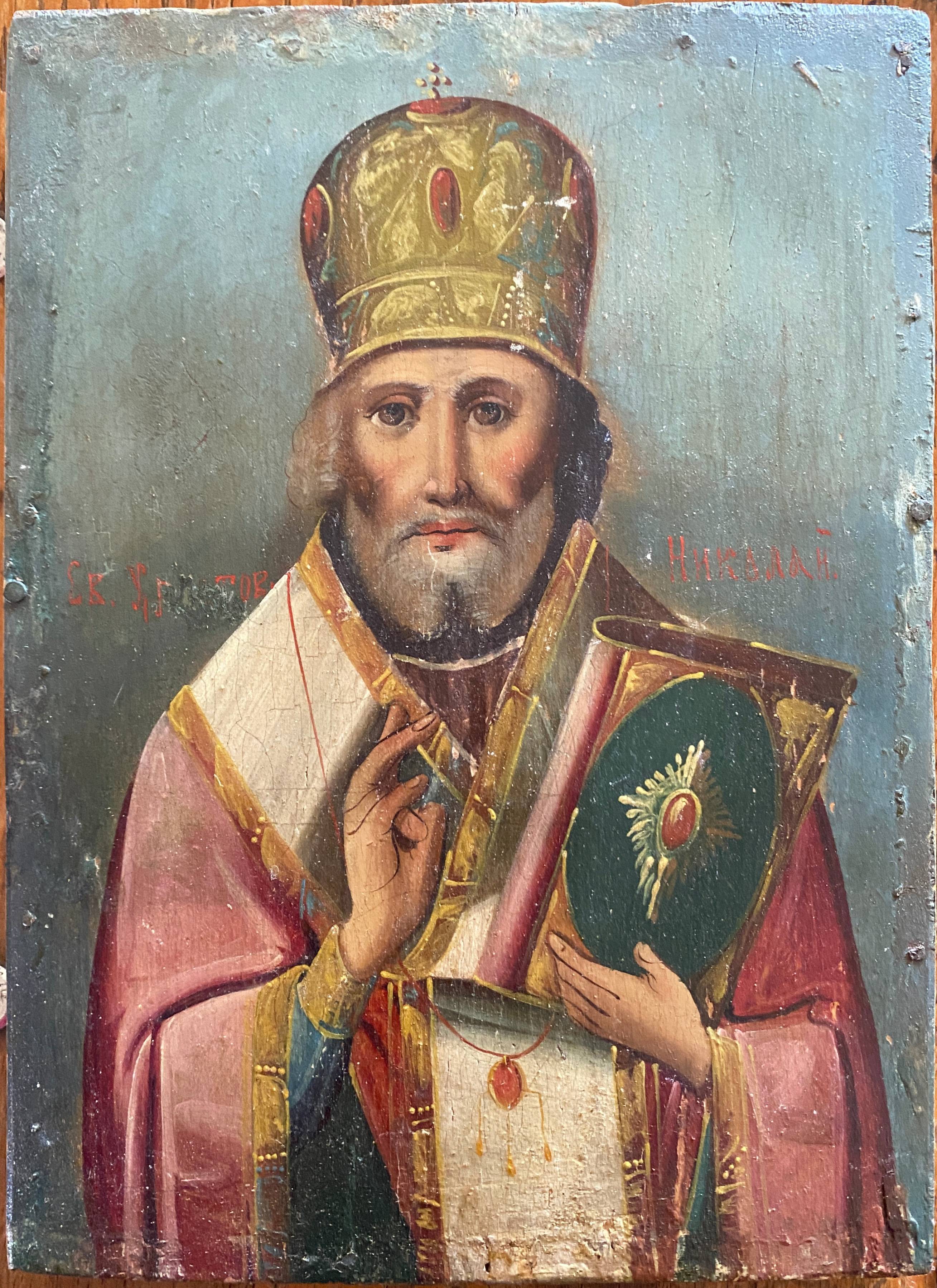 Old painting Russian Icon Saint Nicholas the Wonderworker