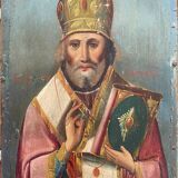 Old painting Russian Icon Saint Nicholas the Wonderworker
