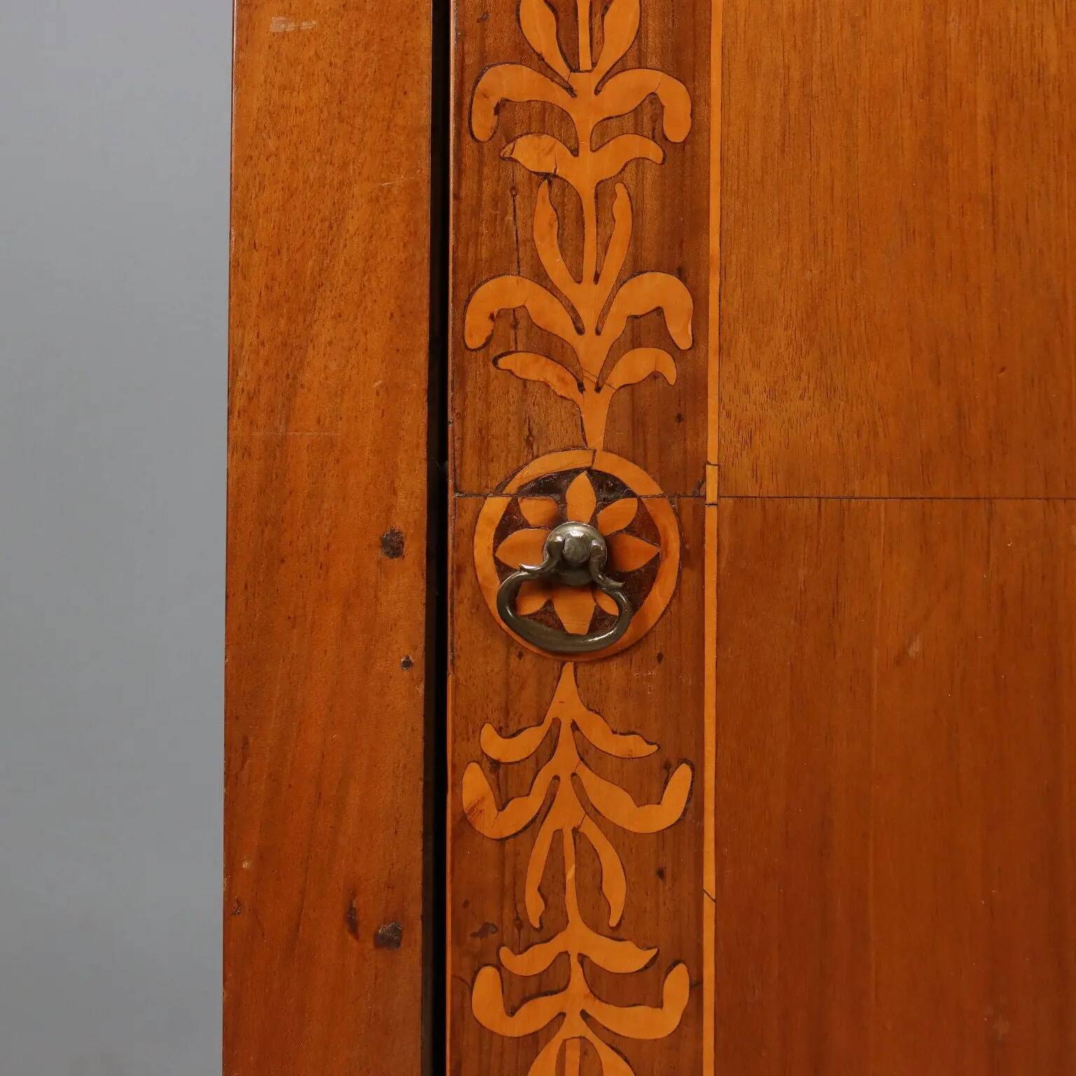 Antique walnut bedside table with maple inlays, converted into a bar cabinet, 19th century.
