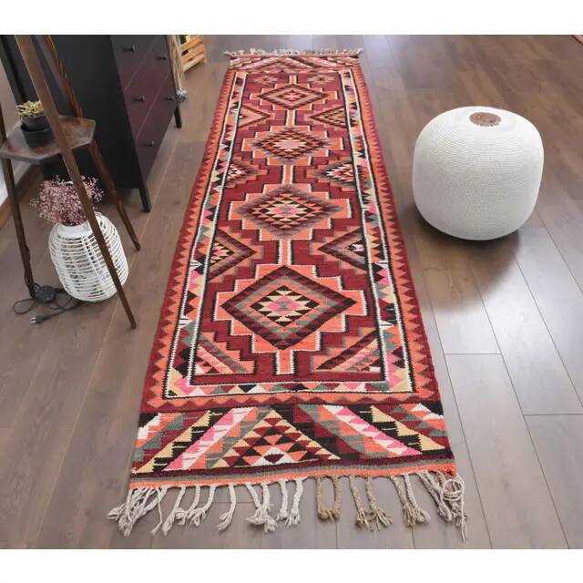 1970s Vintage Turkish Hand-Knotted Wool Cotton Red Runner Rug 93x324