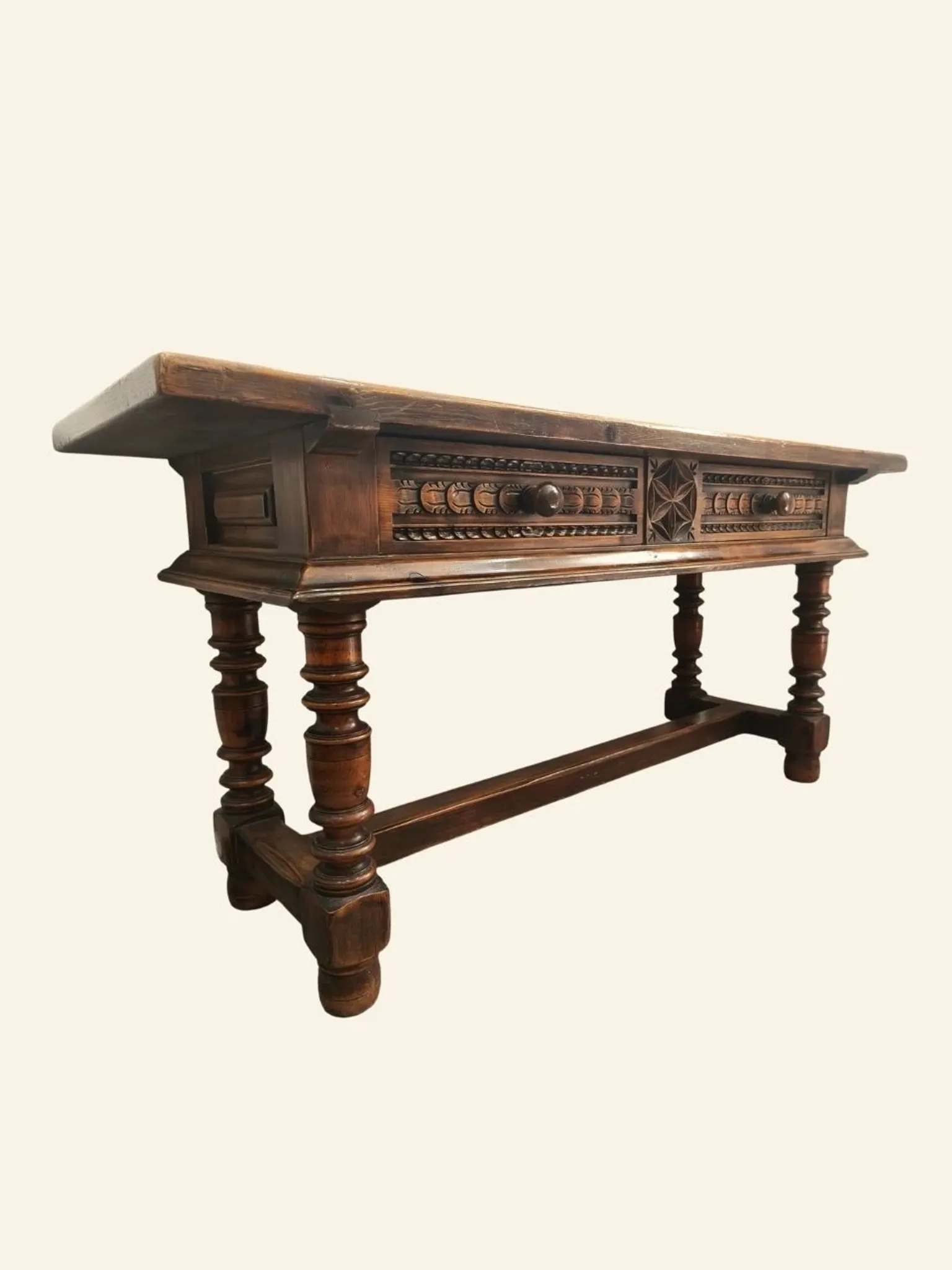 Large Castilian table with drawers and turned legs, early 20th century.