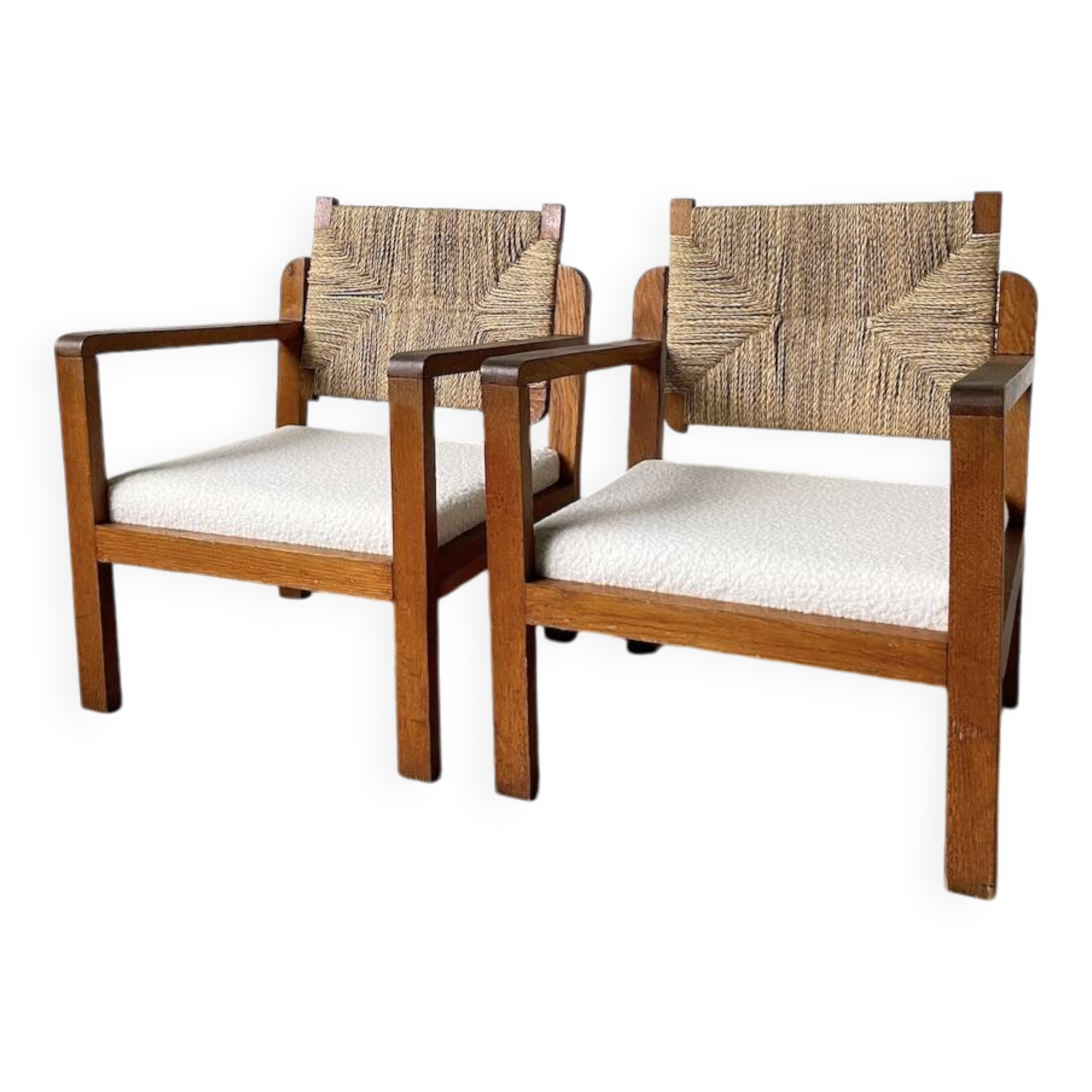Pair of oak and straw armchairs, reconstruction style