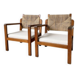 Pair of oak and straw armchairs, reconstruction style