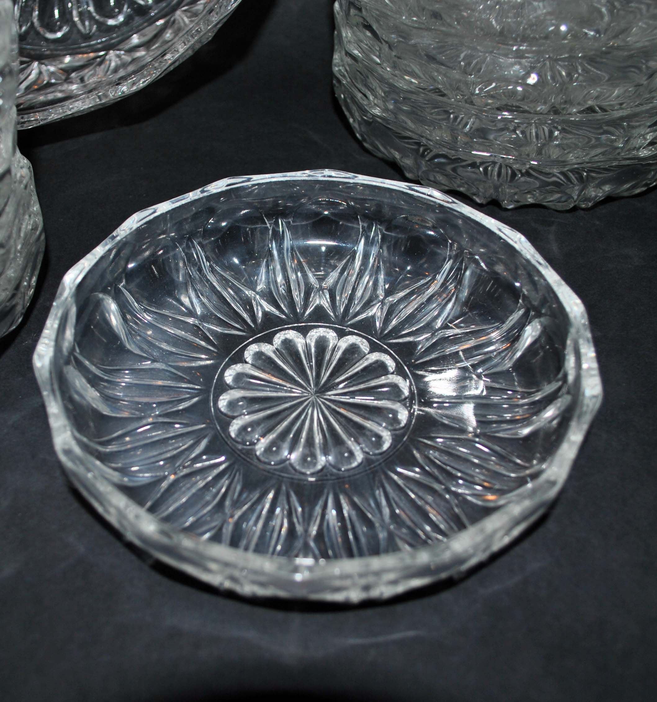 Vintage dessert set - salad bowl and 12 cups in retro pressed-molded glass 1950