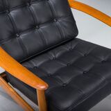 Armchair with Model FD 164 frame by Arne Vodder and Model 118 armrests by Grete Jalk in teak and black leather, Denmark, 1960s