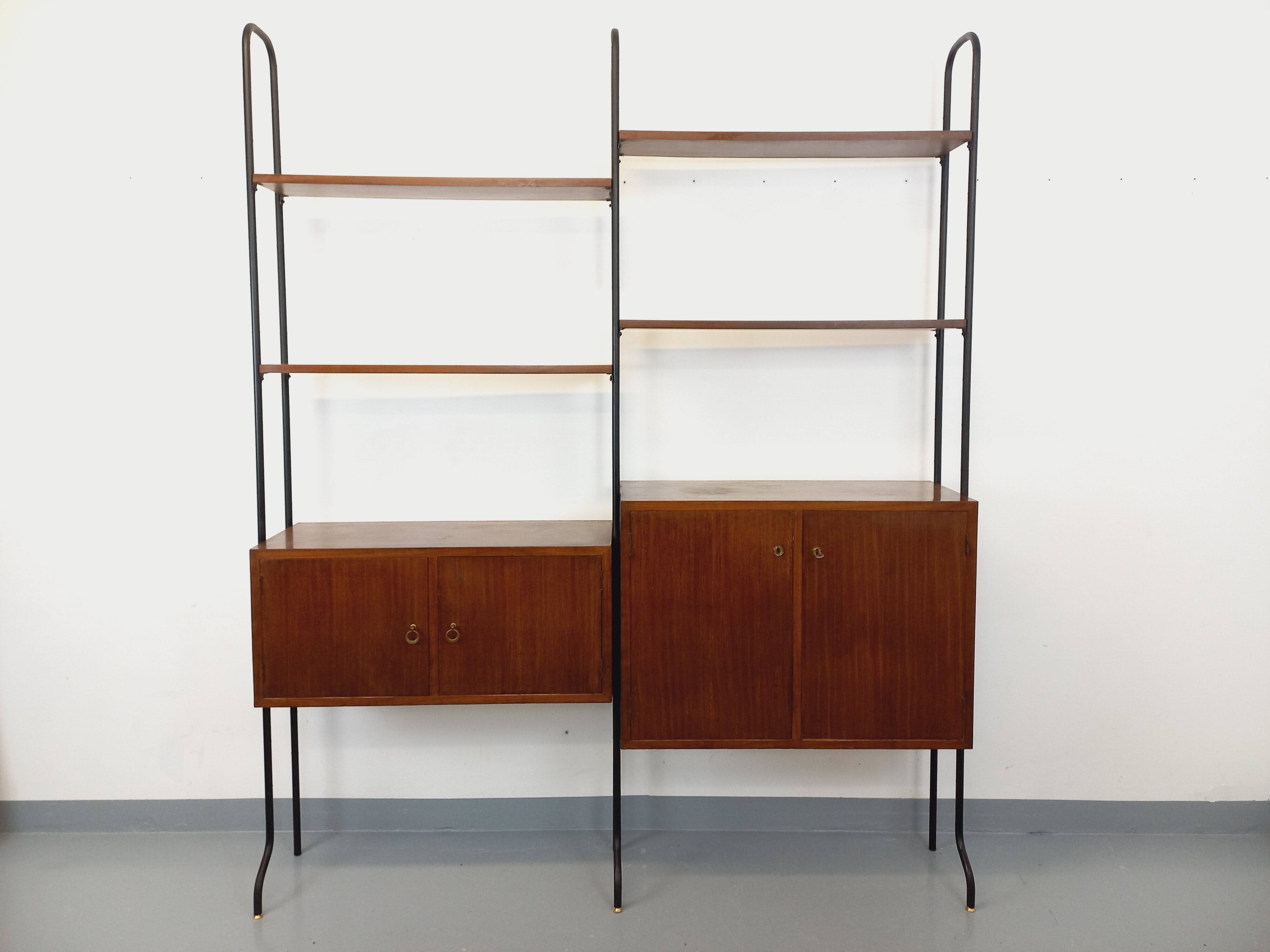 Vintage Italian double modular shelving unit in wood and metal