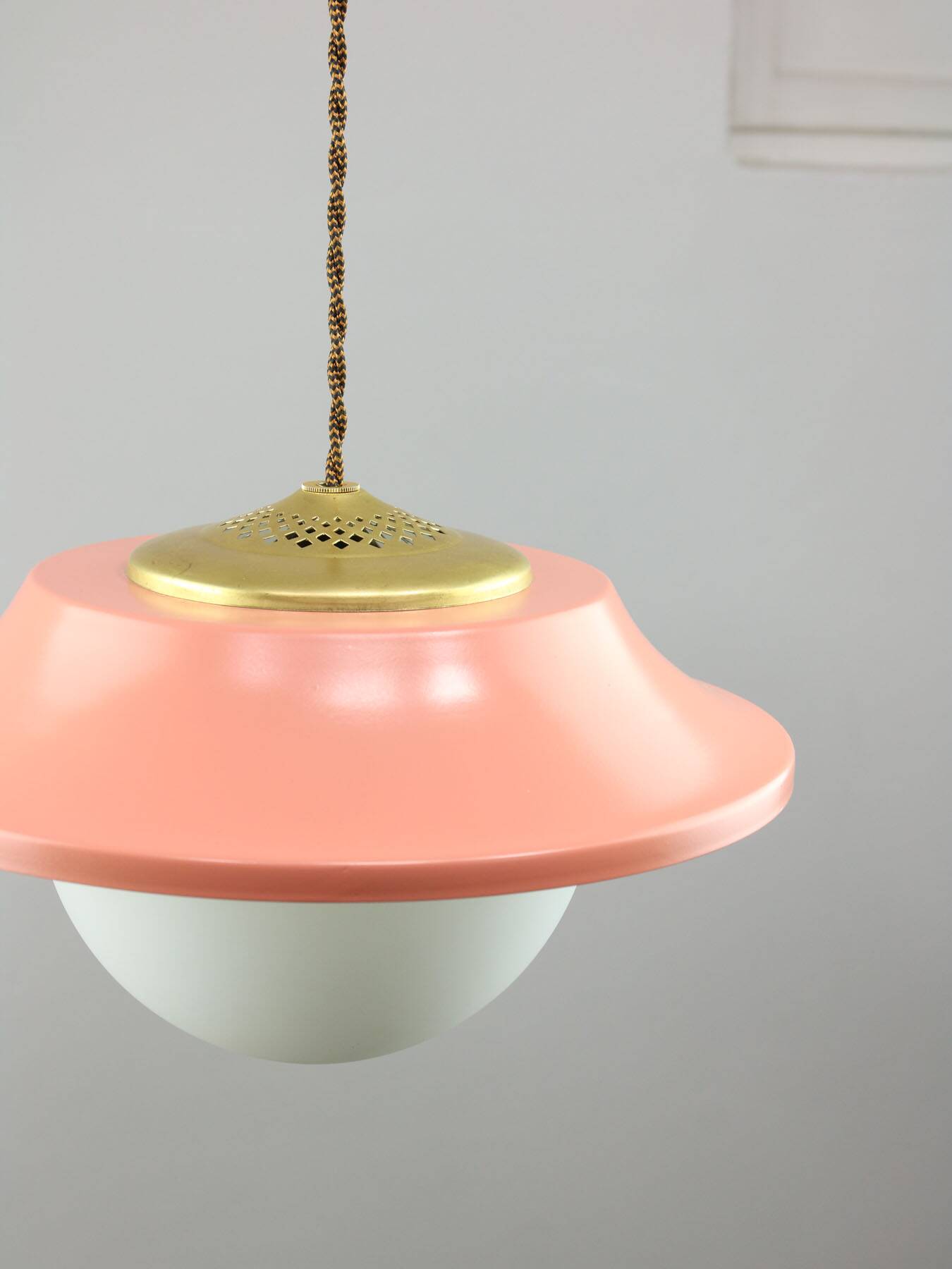 Mid-Century Italian Pink Metal and Brass Pendant Lamp