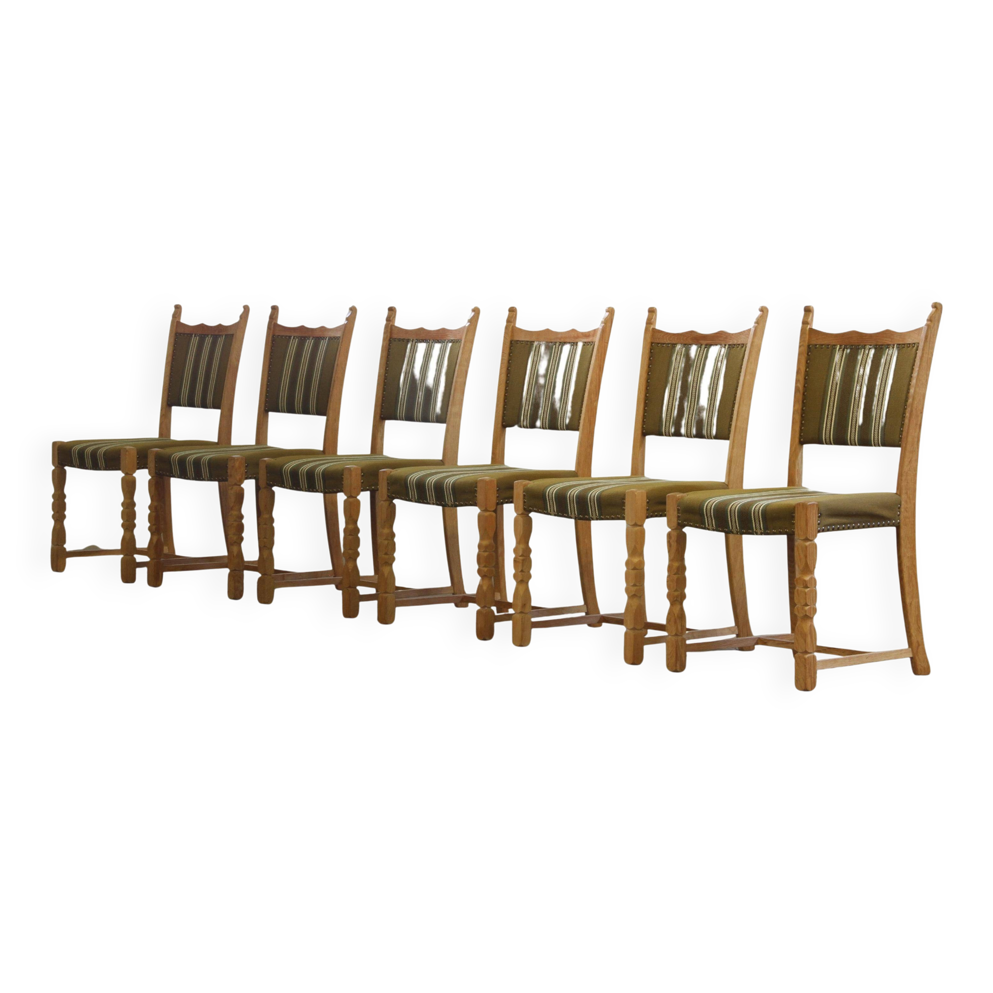 Vintage 1960s, brutalist Danish modern oak dining chairs by Henning Kjærnulf