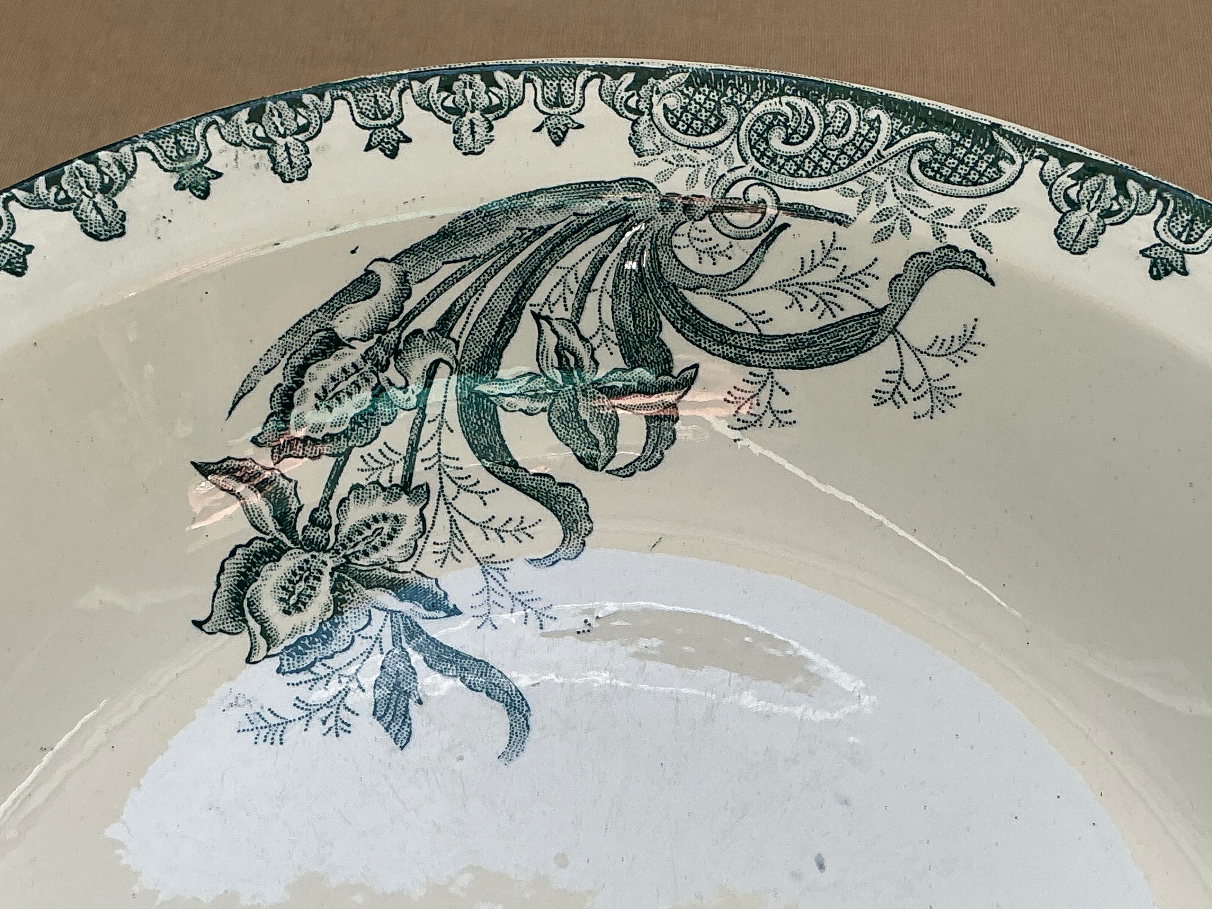 Old hollow dish, Ironstone, green floral decoration, 28 cm.