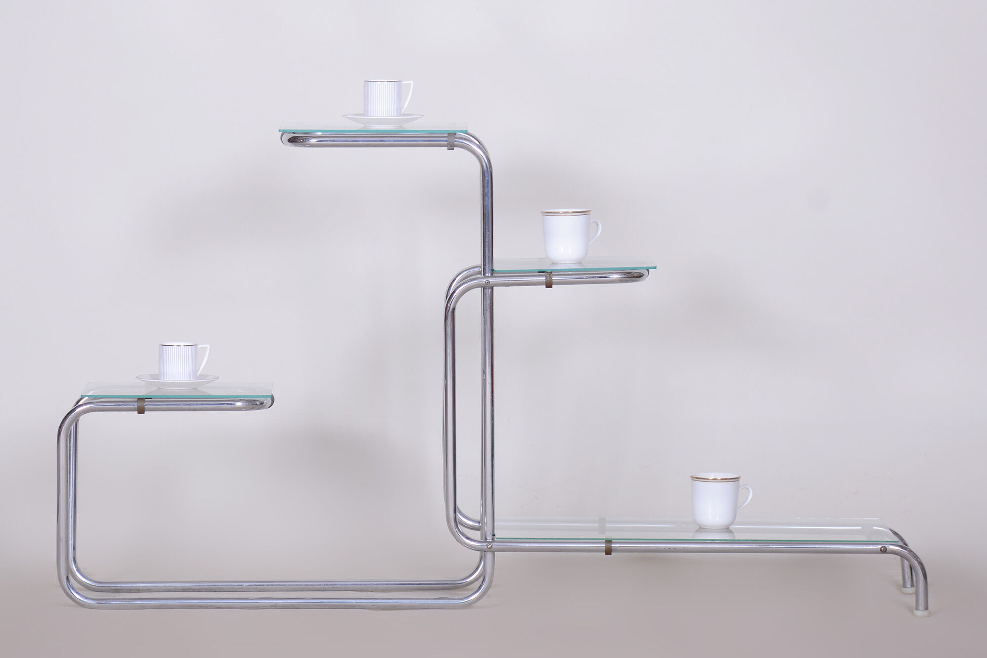 unusual bauhaus style chrome étagère, flower stand, glass, czechia, 1930s