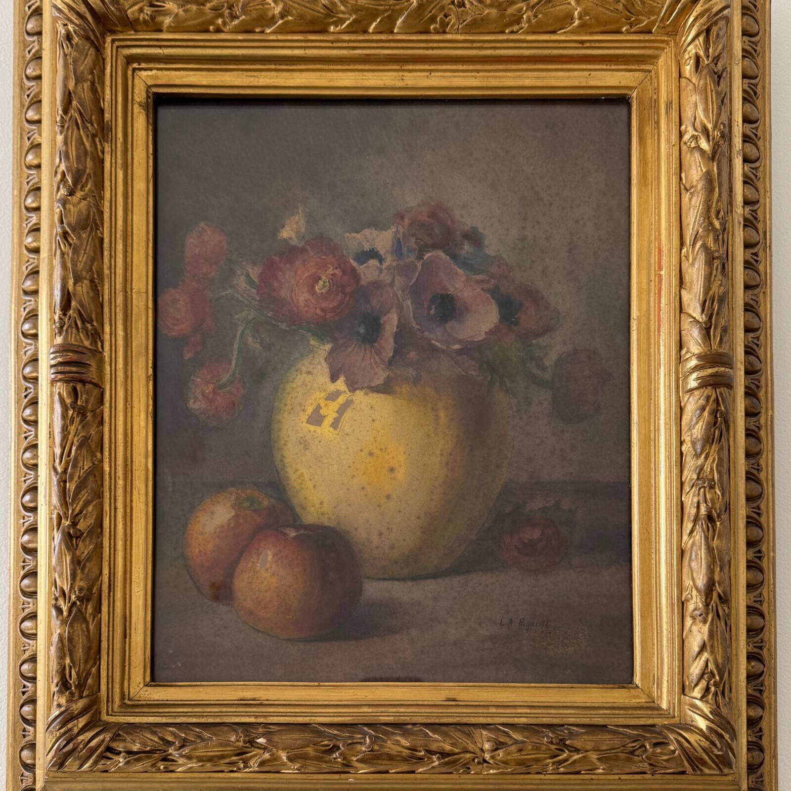 Watercolor still life bouquet of flowers 19th century by LA Rigault