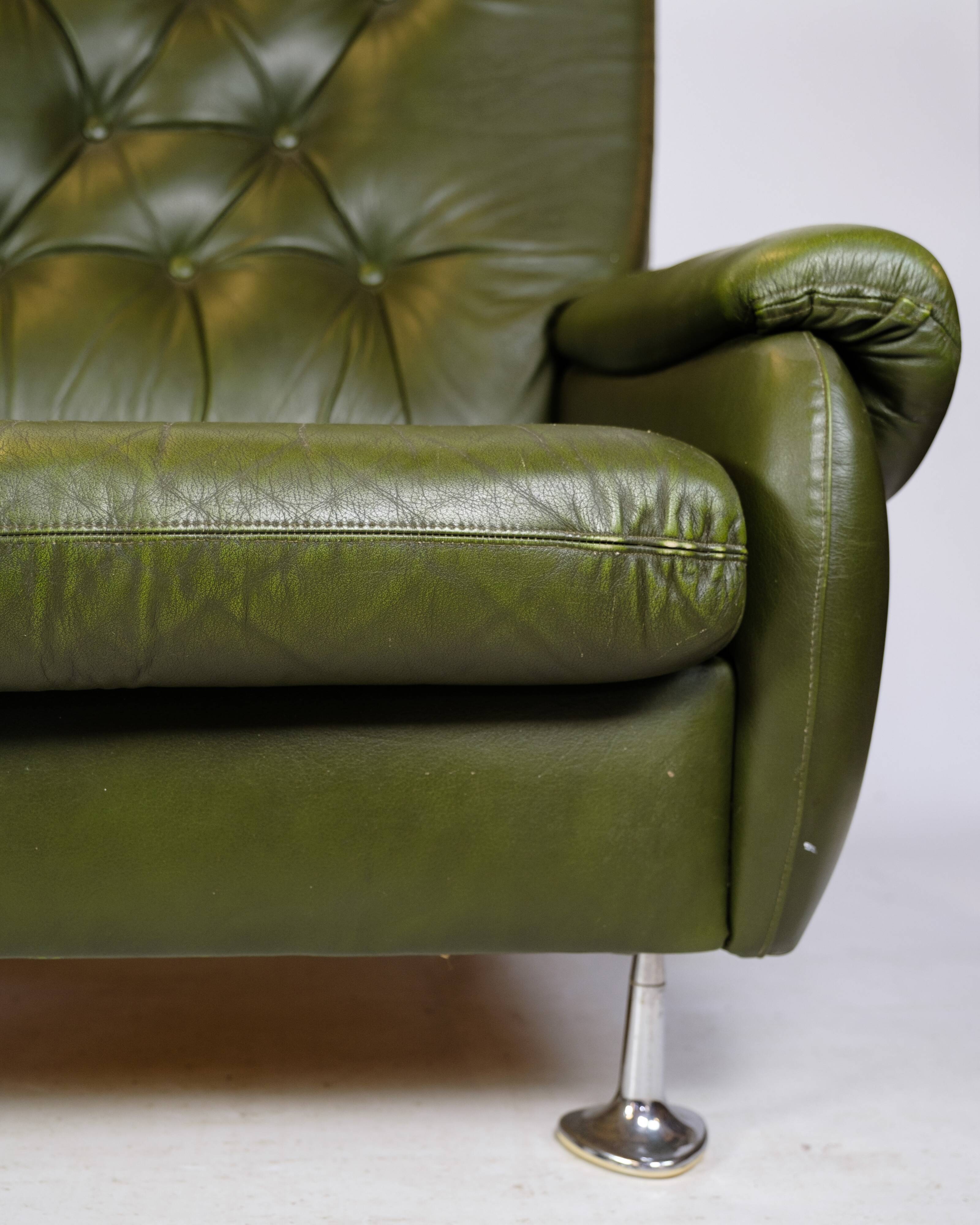 3 pers. sofa in dark green leather with chrome legs from 1970s