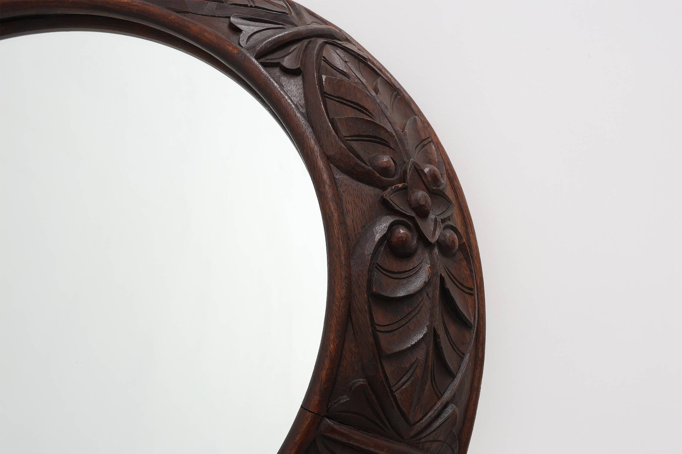 Large oak rustic wall mirror with floral carvings, France 1900s