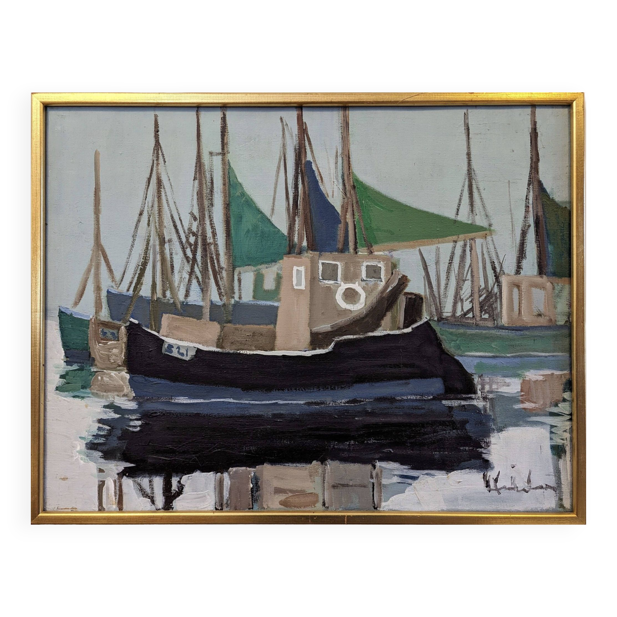 Mid-Century Modern Swedish "Green Sails" Vintage Seascape Oil Painting, Framed