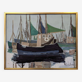 Mid-Century Modern Swedish "Green Sails" Vintage Seascape Oil Painting, Framed