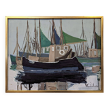 Mid-Century Modern Swedish "Green Sails" Vintage Seascape Oil Painting, Framed