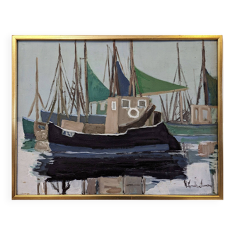 Mid-Century Modern Swedish "Green Sails" Vintage Seascape Oil Painting, Framed