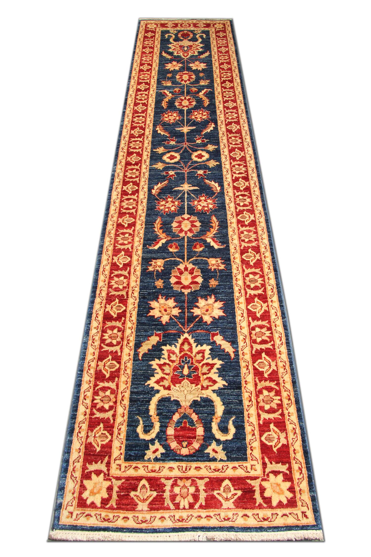 Blue Floral Hand-Knotted Runner, Traditional Wool Hallway Stair Rug 78x386