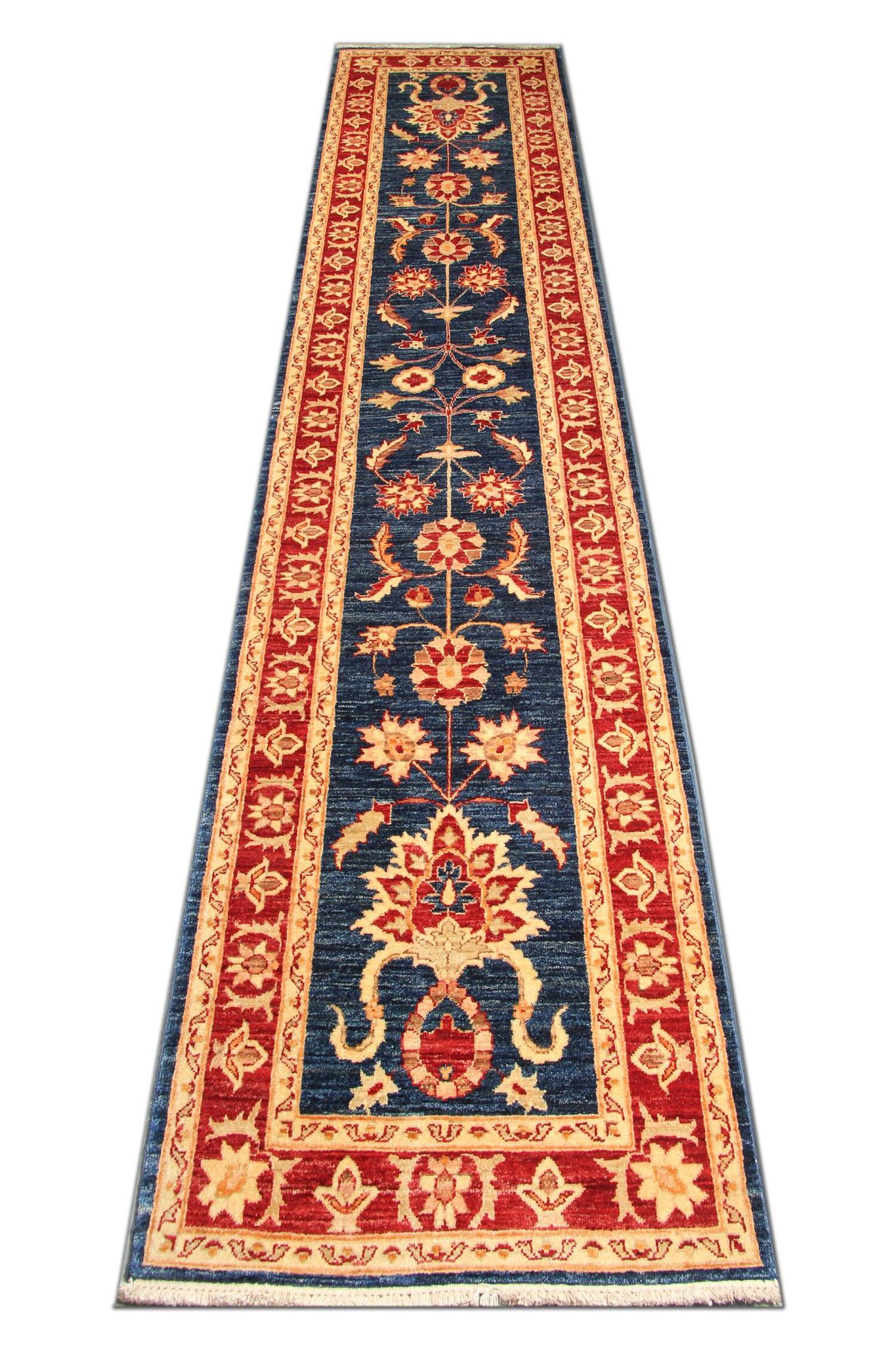 Blue Floral Hand-Knotted Runner, Traditional Wool Hallway Stair Rug 78x386