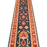 Blue Floral Hand-Knotted Runner, Traditional Wool Hallway Stair Rug 78x386