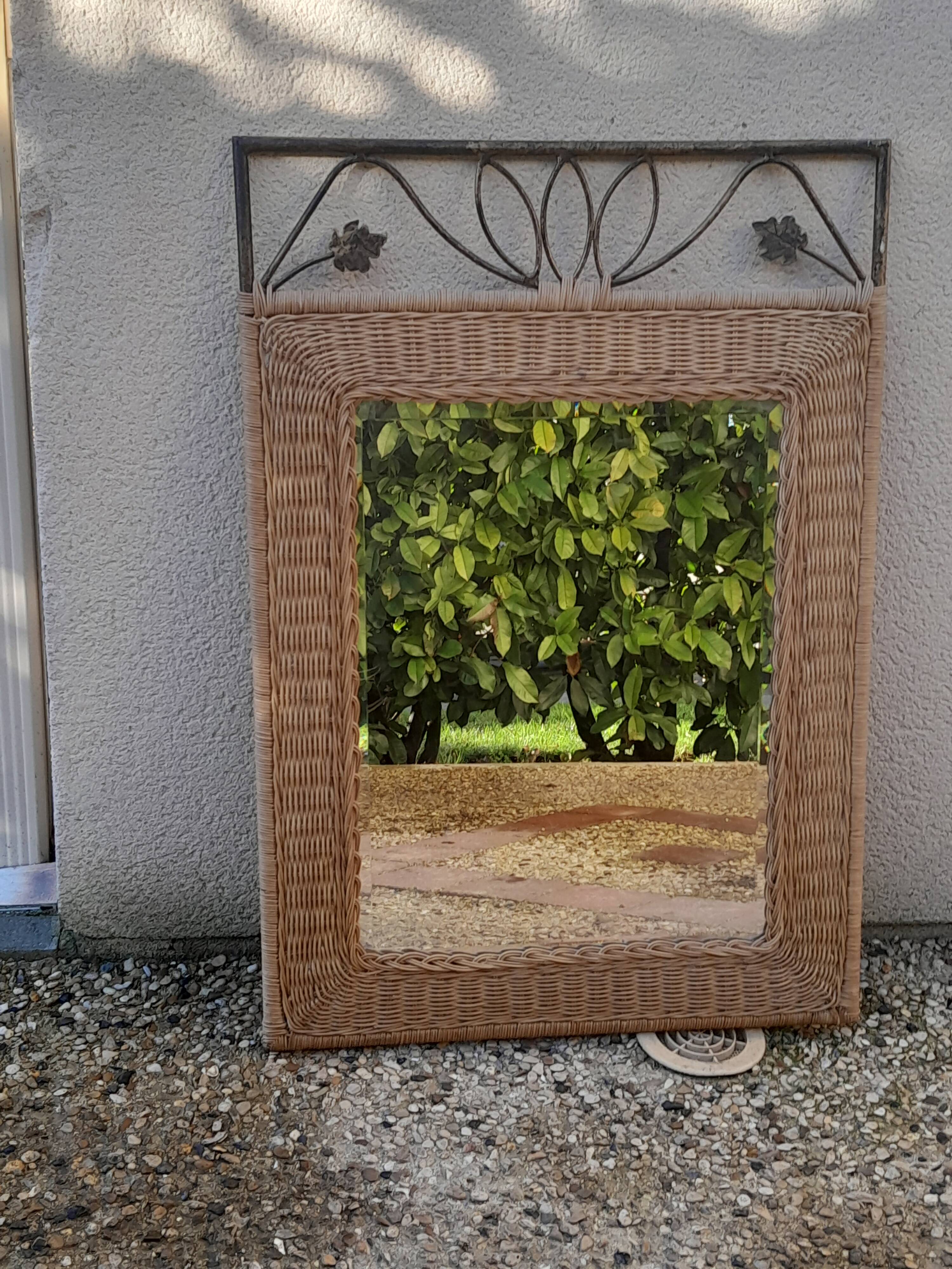 Vintage rattan and wrought iron mirror